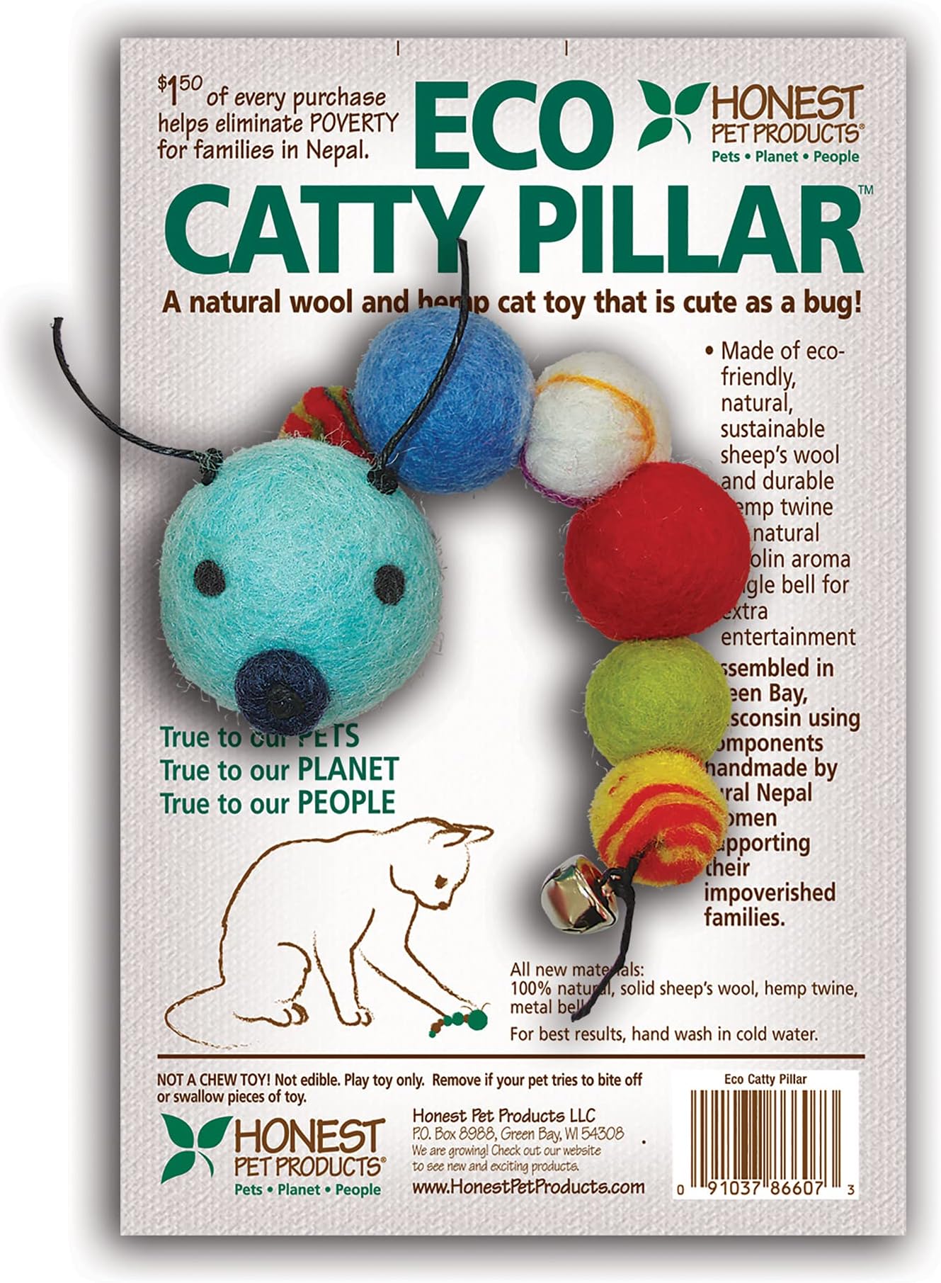 Eco-Catty Pillar Wool Cat Toy – Handmade, 100% Natural Wool, Vegetable-Dyed, Non-Toxic, Bell Tail – Cat Toy Without Catnip – Soft & Safe for Indoor Cats