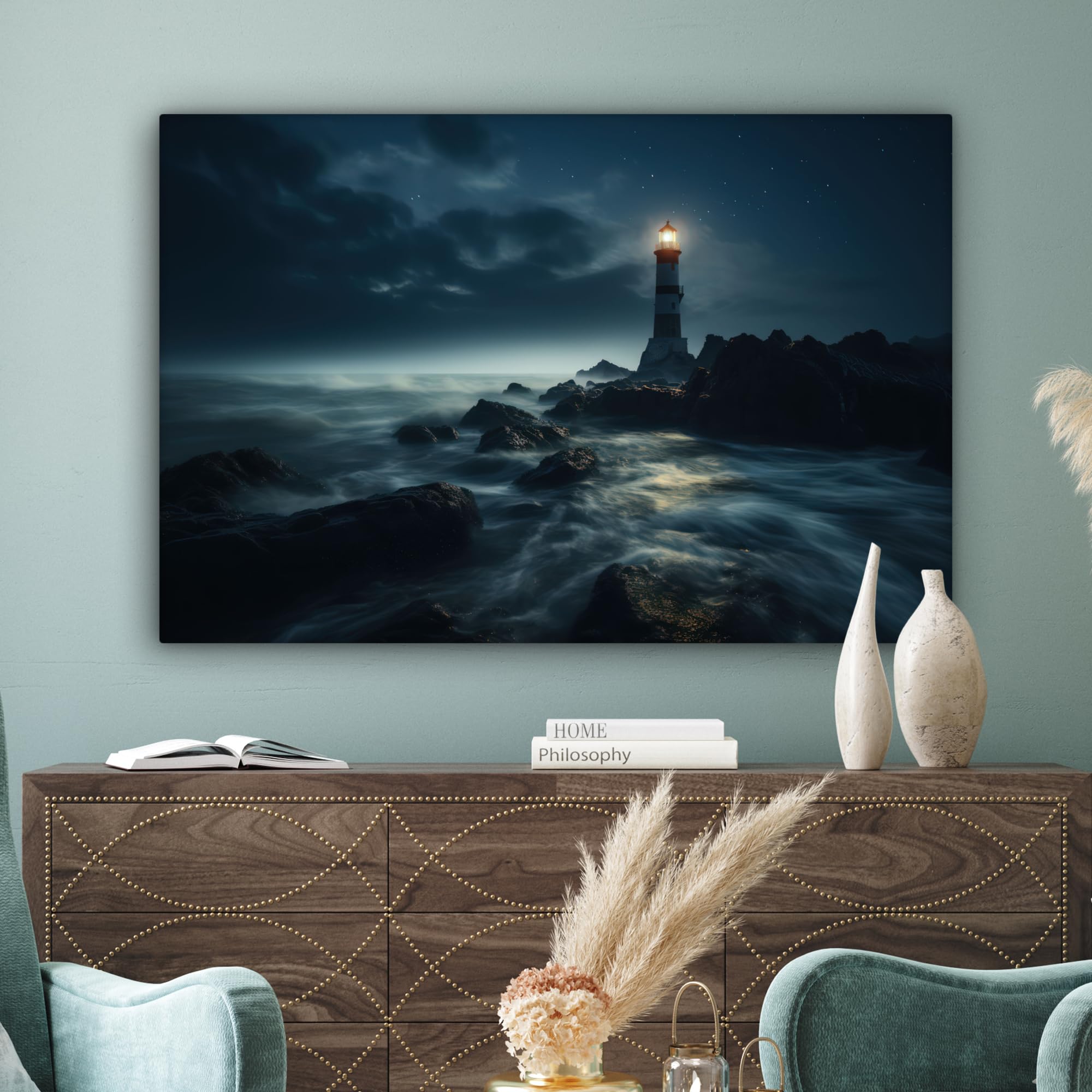 MuchoWow© Cuadros Salon Modernos 120x80 cm Adornos Pared Decorativos Dormitorio Lienzo Pinturas Quadro Decoración Marinas - Marineros - Faro - Mar - Niebla - Rocas - Marinera - Paisaje