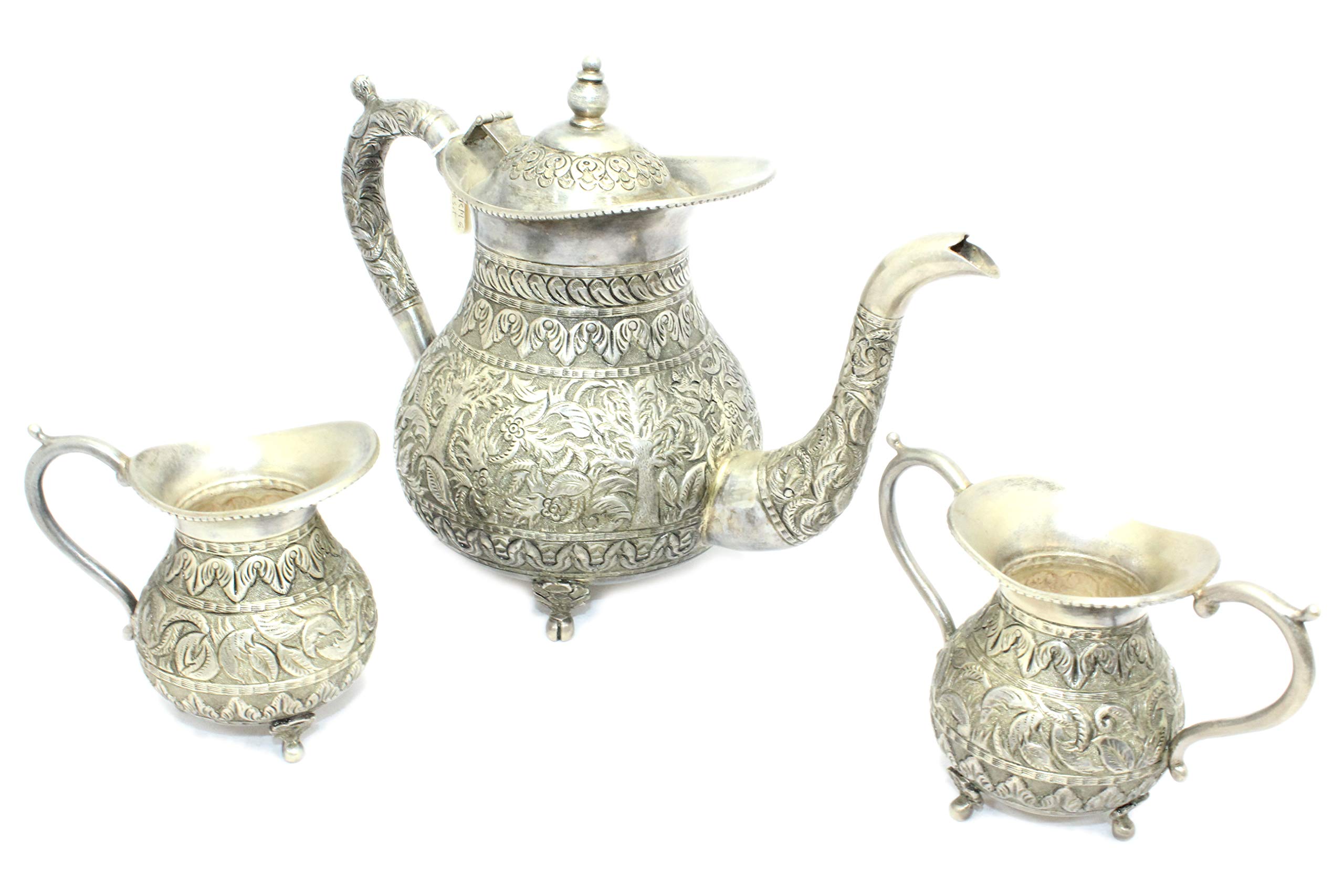 Rajasthan Gems 3 Pc/Set Tea Set Handmade Antique Silver Tea Pot Milk Pot Sugar Pot - 1