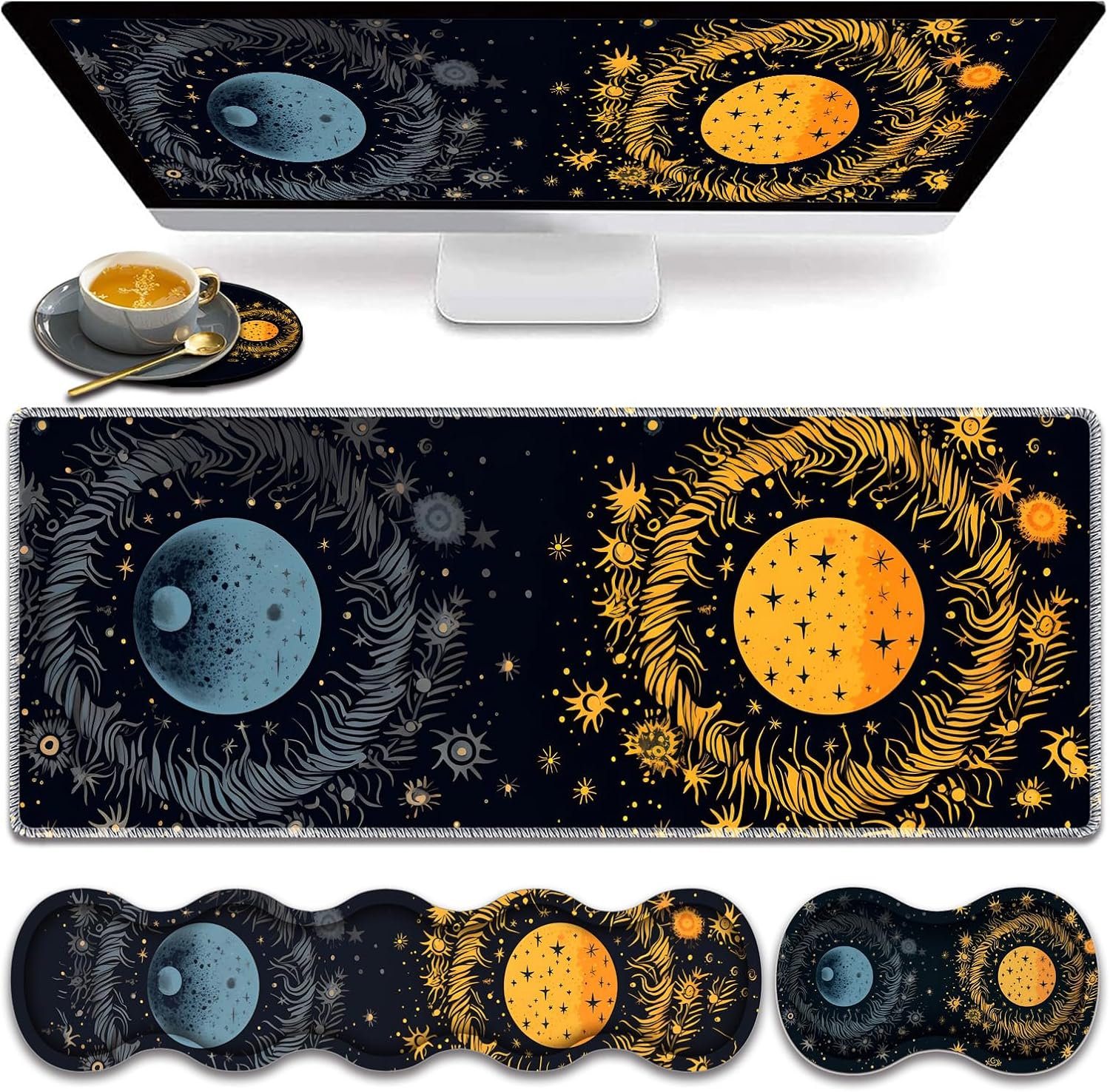 Large Gaming Mouse Pad, Keyboard Wrist Rest Pad + Mouse Wrist Pad + Coaster 4 in 1 Set, Extended Waterproof Non-Slip Desk Mat, Suitable for Office Home Learning Games, Moon, Sun and Stars