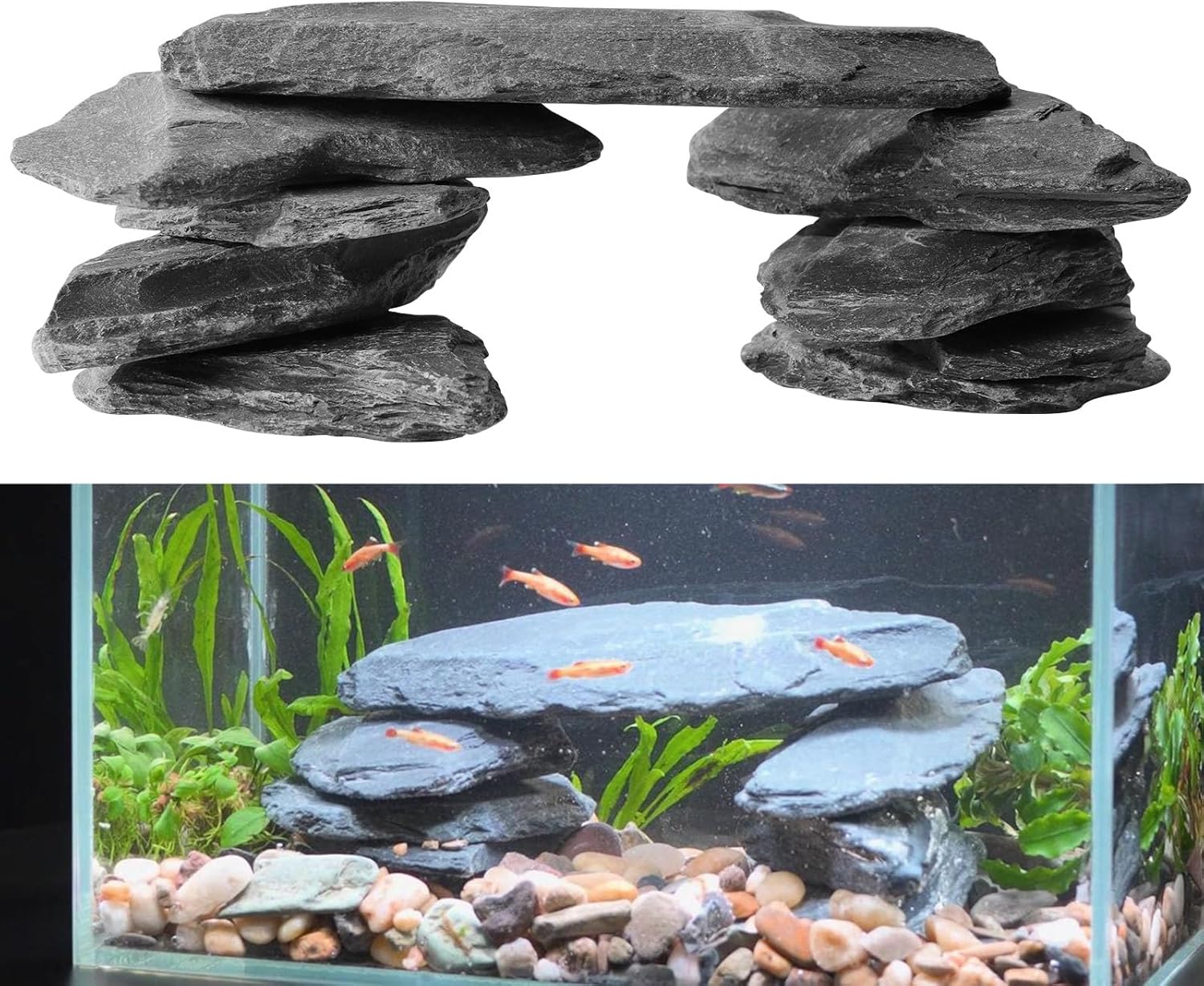Natural Slate Stone Rocks for Aquascaping, Reptile Basking Platforms & Fish Tank Decor, Aquarium Bridge Design Kit: 8×3-6″ +1×8-10″ Slates (4.1-4.6 lbs)