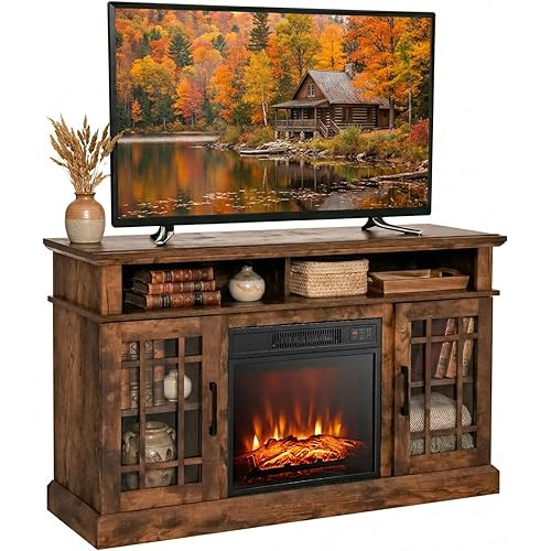 SIMOE Fireplace TV Stand for 55 TV, 48 Inch Stand with 18 Inch Electric Fireplace Heater, Mondern Console with Cabinets and Doors, 6H Timer, Remote Control for Living Room, Home