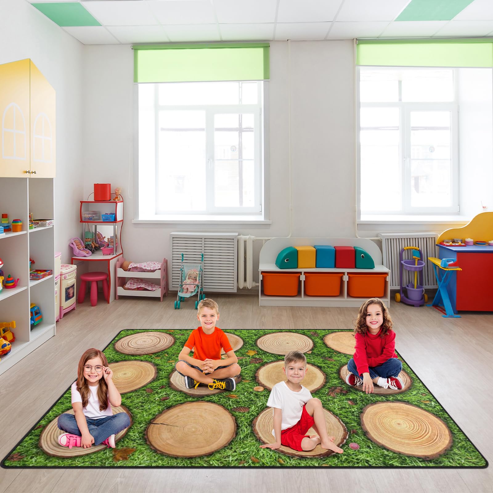 Engree Kids Rug, Classroom Carpets Playmat - 5x7 Ft Green Grass Tree Stump Seating Rug, Seats 12