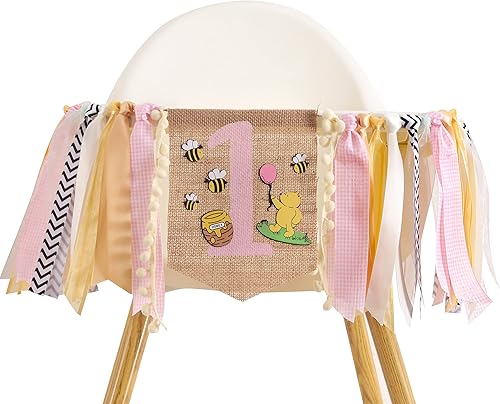 Cartel para silla alta con diseño de oso rosa para primer cumpleaños Baby Shower con tema de abeja, decoración de silla alta de niña de cumpleaños,