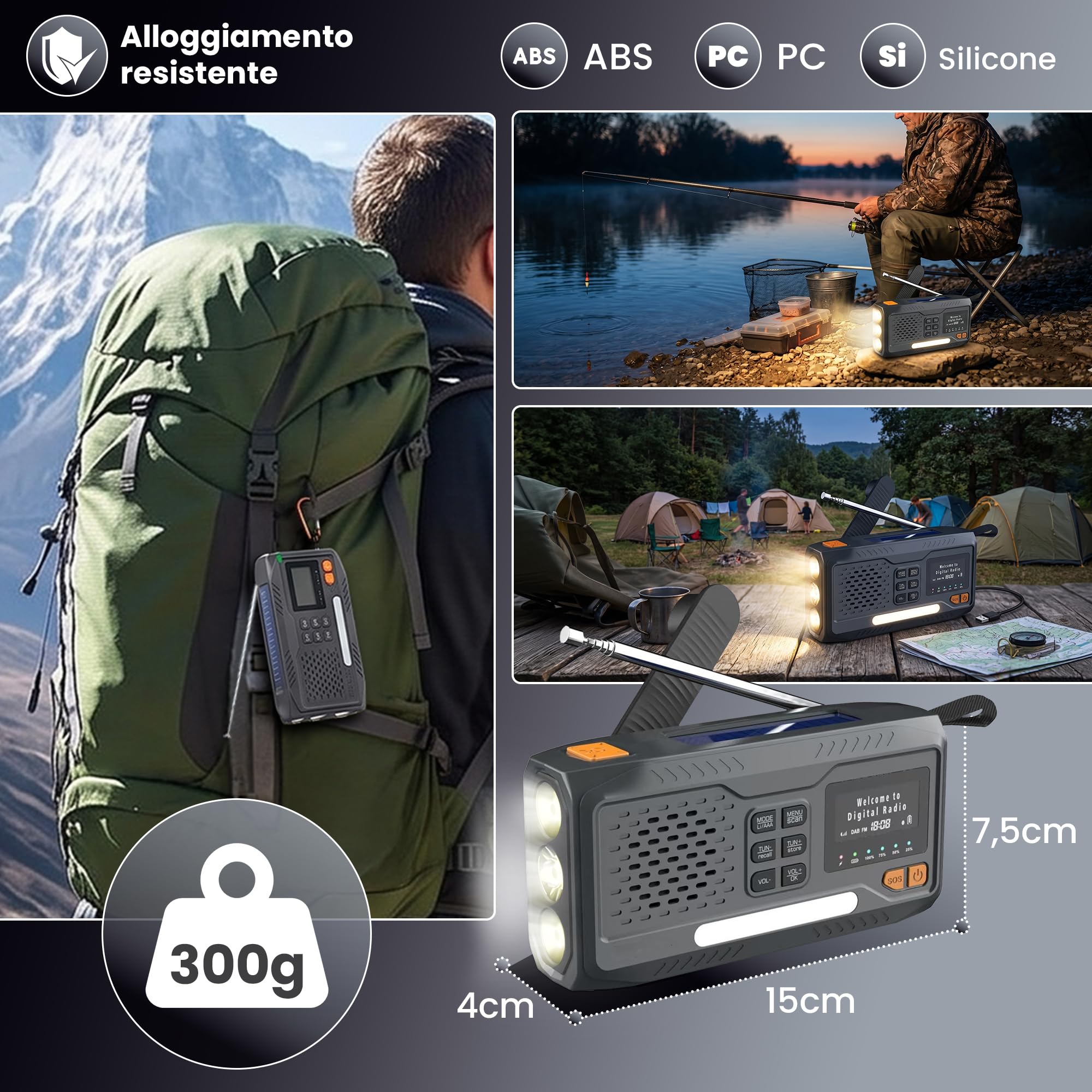 Extralink Radio a manovella di emergenza con pannello solare, Radio DAB & FM, Bluetooth, funzione di ricarica 4500 mAh, torcia LED e luce da lettura, SOS, LCD - per blackout, campeggio e trekking