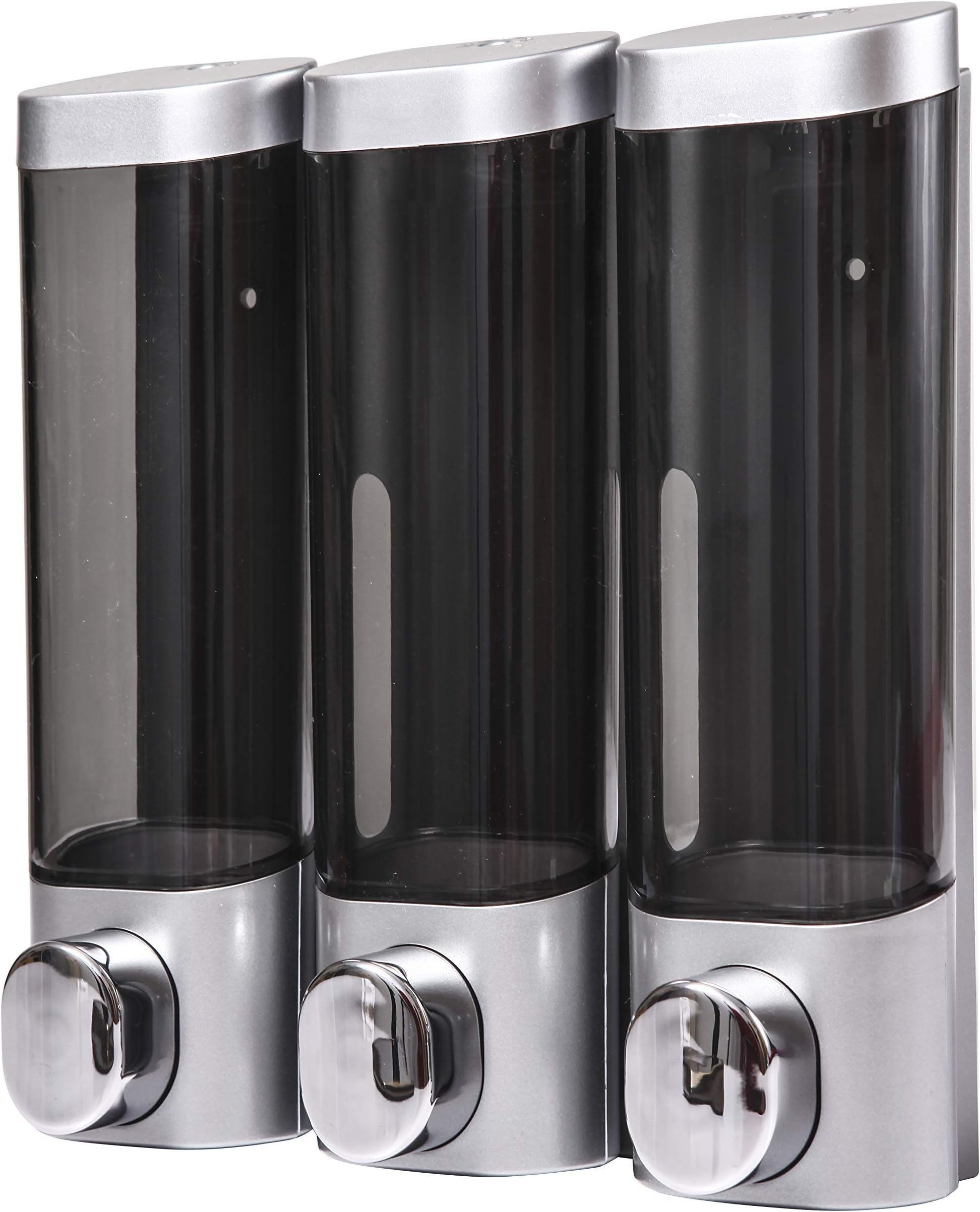 3-Chamber Wall Mounted Bathroom Shower Pump Dispenser and Organizer - Holds Shampoo, Soap, Conditioner, Shower Gel, Lotion - Clear Chambers, Push-Button - Each Chamber Holds 10 oz (300ml) - Silver