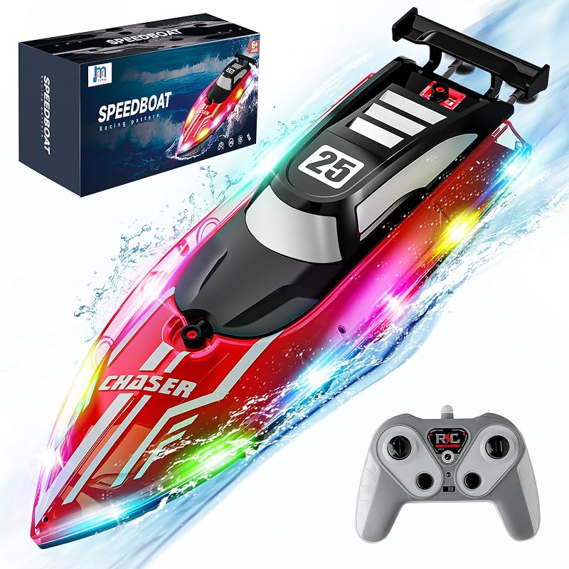 JOI MEW Barco RC para niños, Barco de Control Remoto con Luces LED para pileta | Barco eléctrico con control remoto de motores duales de 2,4 GHz, resistente al agua, juego acuático al aire libre en verano
