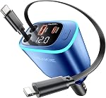 Retractable Car Charger 4 in 1 Car Phone Charger with Led Light USB C Fast Charger for Car with 2 Retractable Cables and 2 USB Ports Compatible with i Phone 17/16/15/14/13/iPad Galaxy S25/24 Android