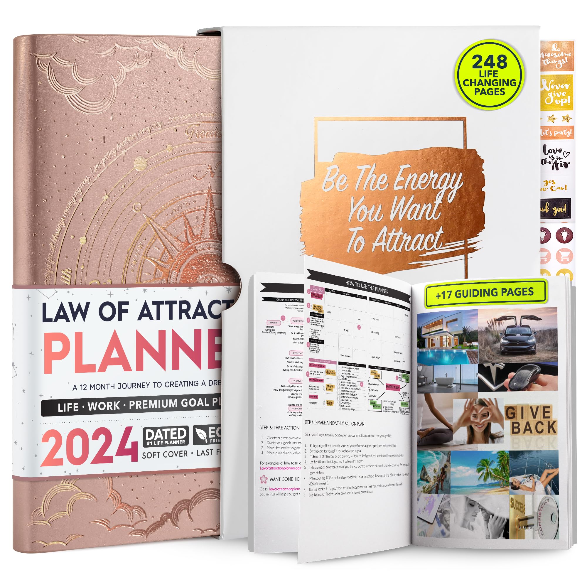 Law of Attraction Planner 2024 - Dated Deluxe Weekly, Monthly Planner, a 12 Month Journey to Increase Productivity & Happiness - Life Organizer, Gratitude Journal, Stickers and Gift Box