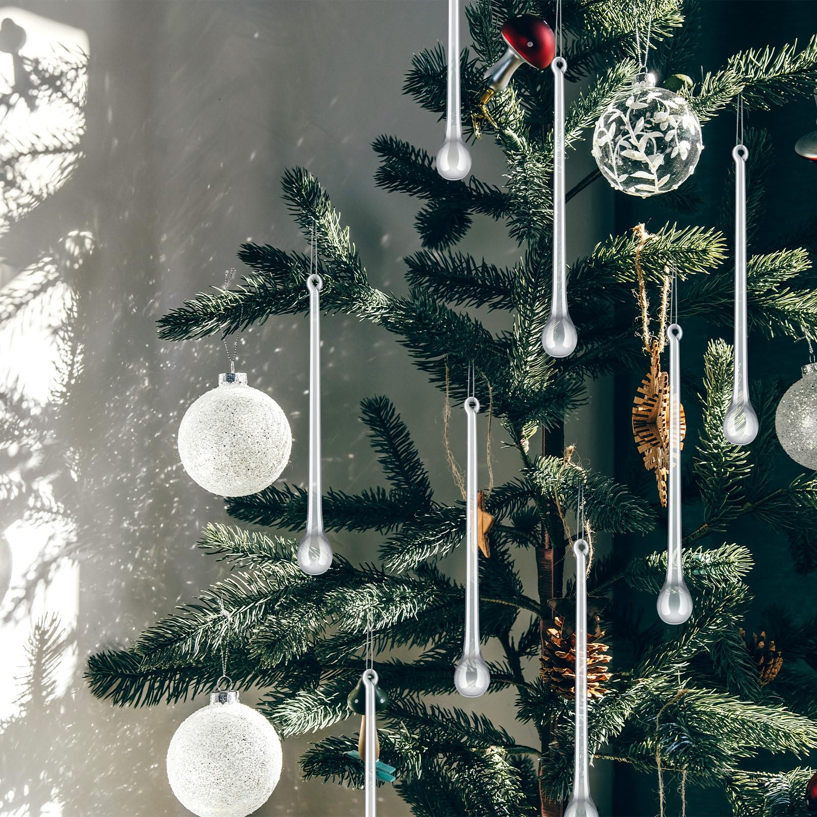 Glas-Eiszapfen, Weihnachtsschmuck, 12,9 x 1,5 cm, extra lang, transparent, Tropfenform, Weihnachts-Kronleuchter, Ornamente, Kristall-Hängeornamente, Glas-Regentropfen für