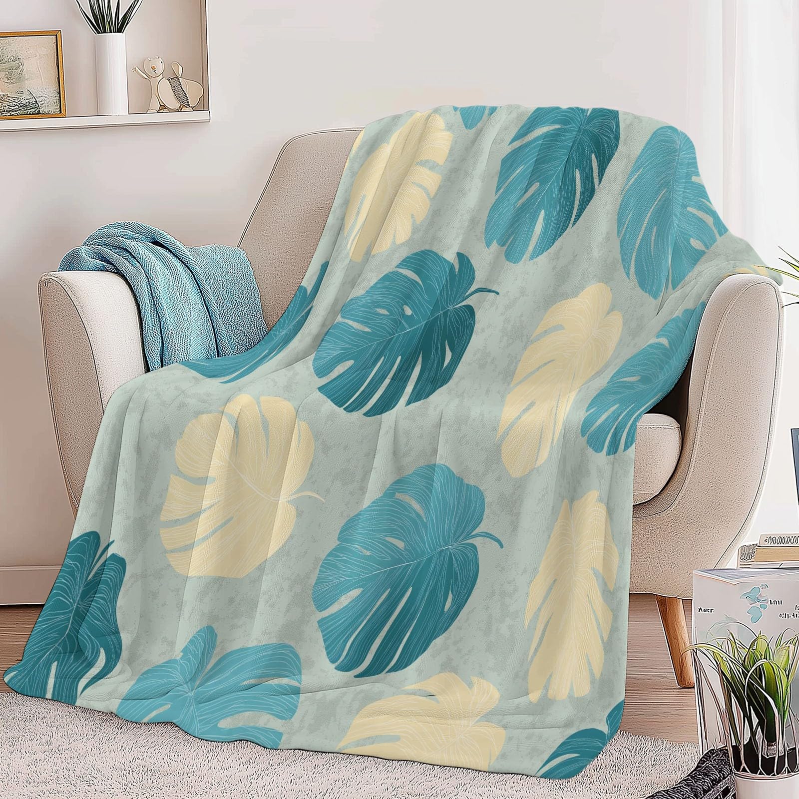 Vintage Monstera Flanelowy Koc Polarowy Liść Tekstura Krata, Narzuta na sofę Wygodny Dwuosobowy Koc na łóżko Zimowy pled 220 x 240 cm Kremowy