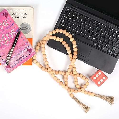 Miniatura 5 de Light & Pro Guirnalda de cuentas de madera rústica con borlas de yute natural, guirnalda decorativa estilo campestre para colgar en la pared para