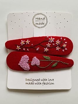 ETA Set of 2 Cute Handmade Embroidery Hair clips, Vintage Embroidered Flower Hair clips, Floral Hair Clips, Gift Daughter, Teenager, Woman, Girlfriend, Wife, Unique Hair Accessory, Red, HC02