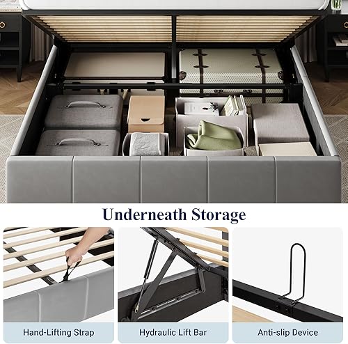 Miniatura 4 de Allewie Marco de cama de almacenamiento elevable de terciopelo de tamaño matrimonial, cabecera capitonada de canal vertical, almacenamiento