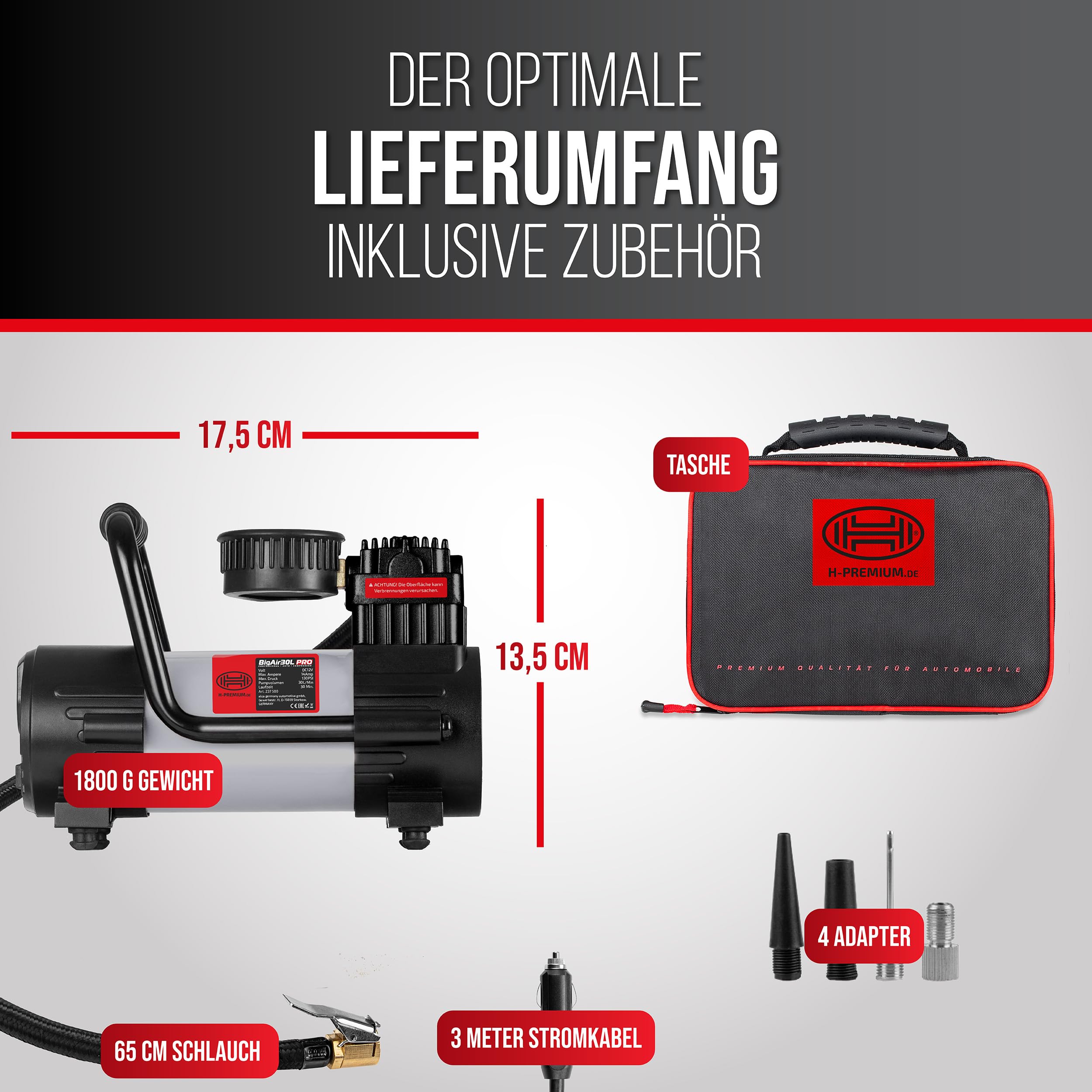 HEYNER® Minikompressor 12 V Luftpumpe für Autoreifen mit Druckanzeige | Integrierte SMD Arbeitsleuchte, 9 Bar Nennleistung, Inklusive 4 Adaptern, Praktische Tragetasche, Kurze Wartezeit