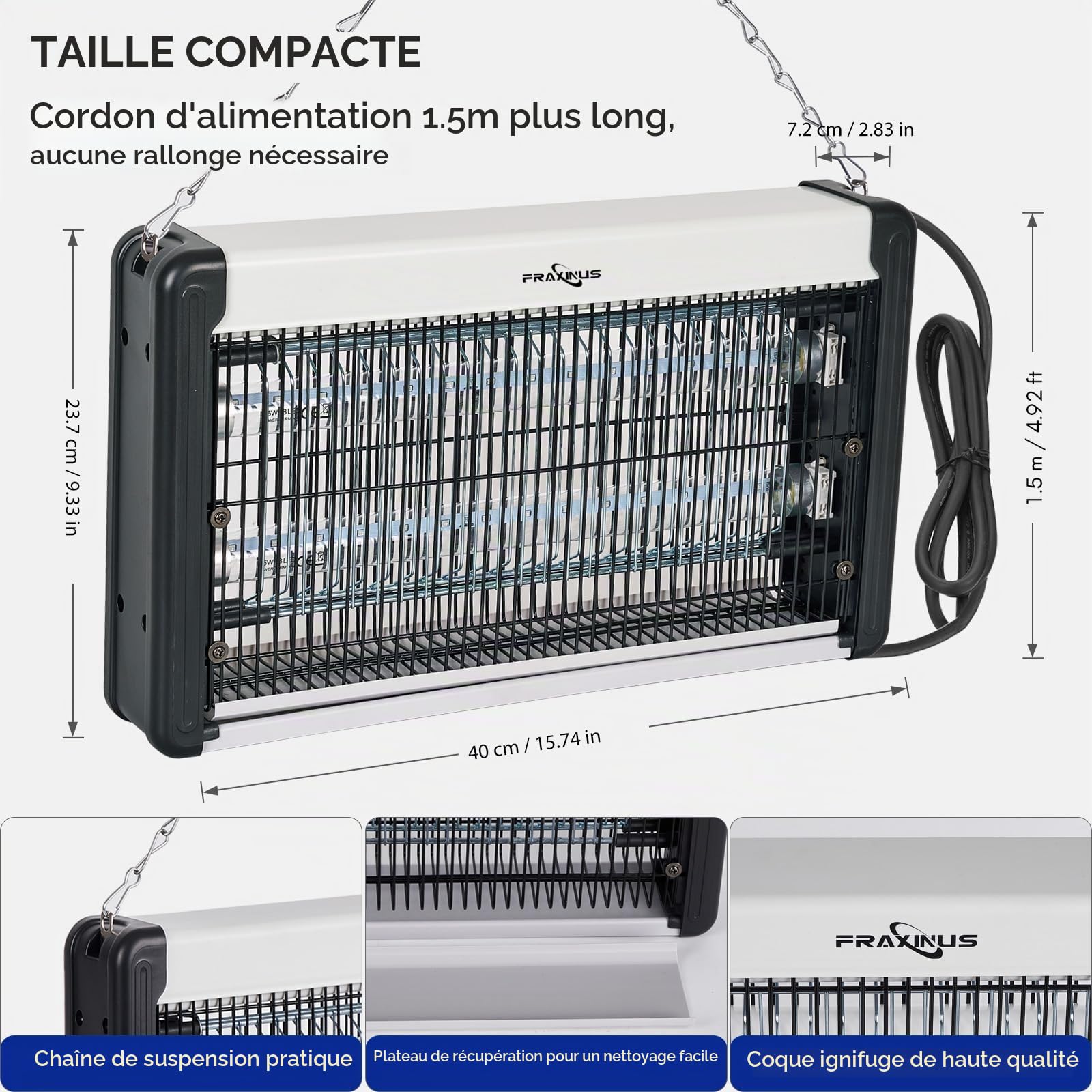 FRAXINUS Lampe Anti Moustiques, Tue Mouche Eléctrique, Destructeur D' Insectes, Anti Moustique Intérieur, UV LED Piège Insectes Volants: Mouches, Moucherons, Moustiques, Guêpes. (1,5 M Câble)
