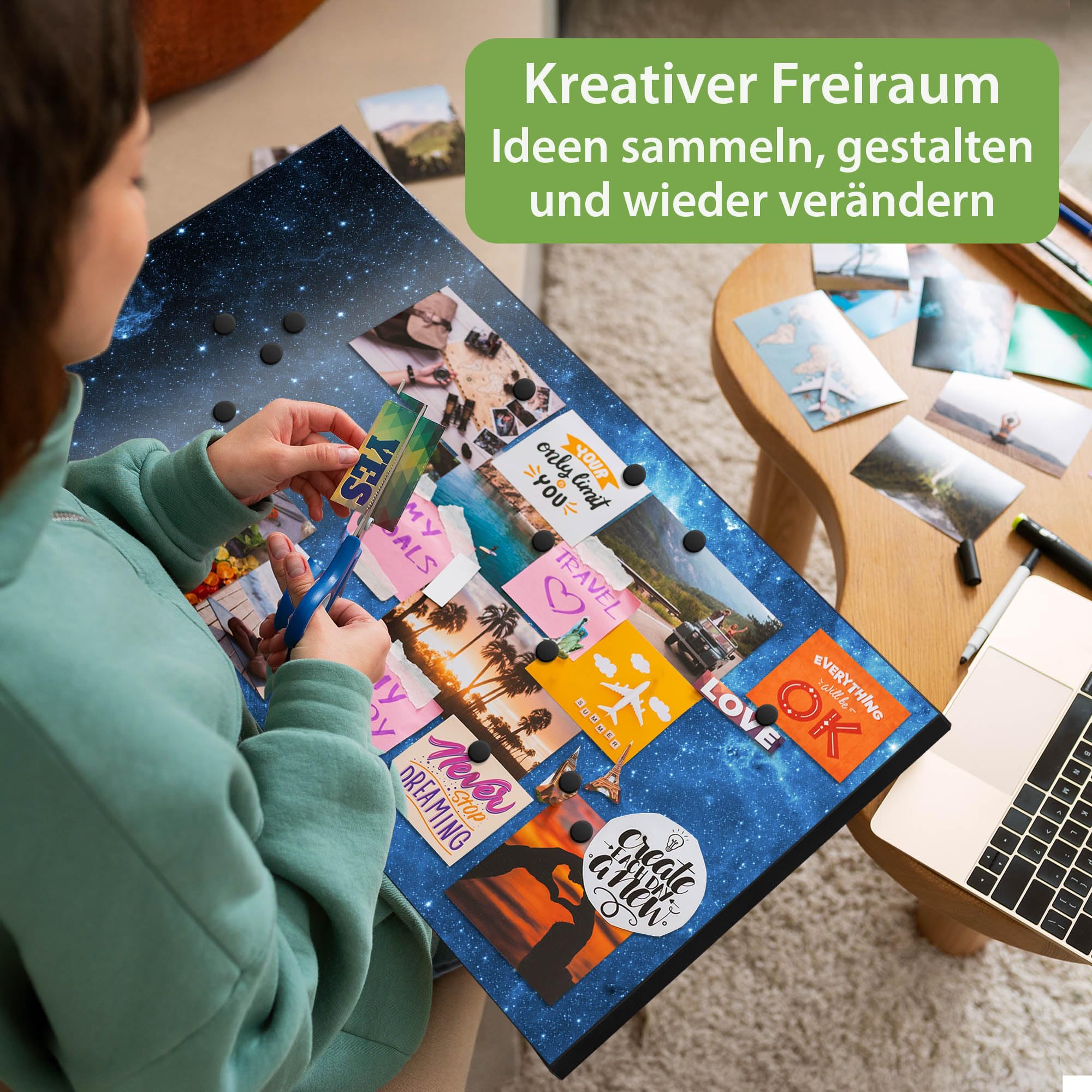 banjado Magnettafel Metall 78 x 37cm - beschreibbare Magnettafel - Metall Pinnwand als Memoboard - Magnetwand Küche, Büro, Kinderzimmer Schwarz inkl. 4 Magnete & Montageset - Motiv Universum