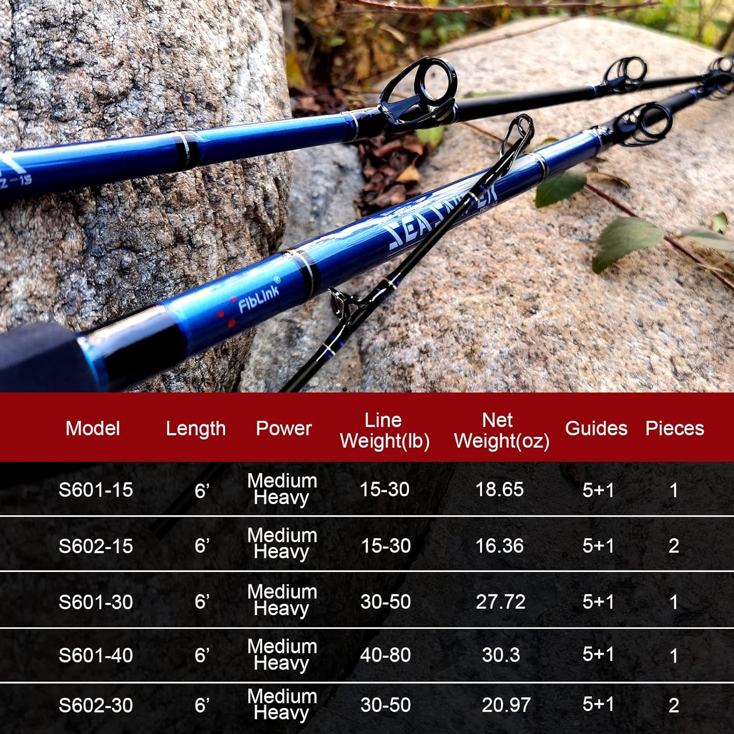 Fiblink 1-Piece/2-Piece Fishing Rod Saltwater Trolling Rod Cat Catfish Rod Conventional Boat Fishing Pole(15-30lb/30-50lb/40-80lb,6-Feet,Medium Heavy