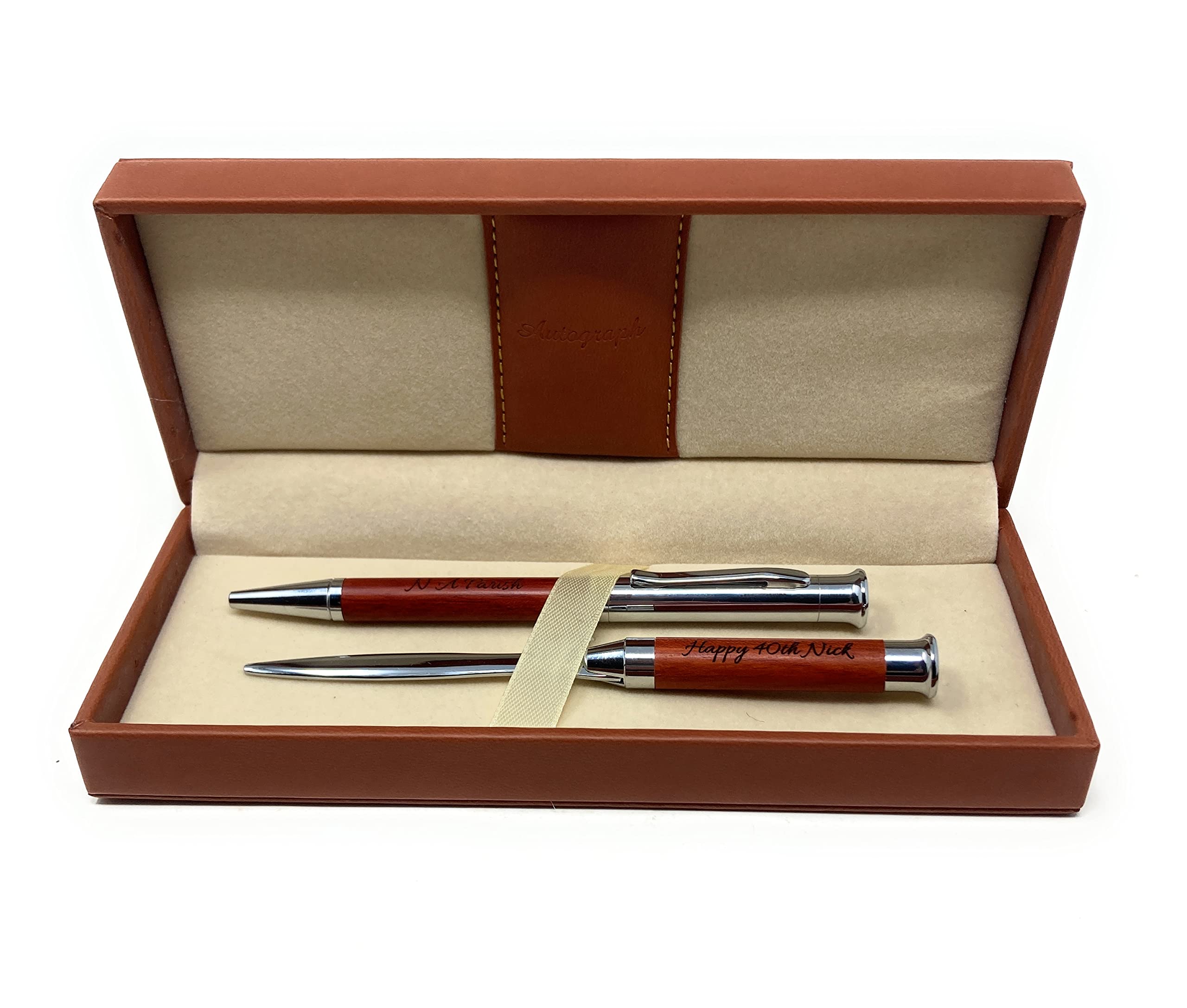 Rutherfords Gifts Personalised Rosewood Roller Ball Pen & Letter Opener Gift Set – Engraved with Name or Initials – Desk Gift for Him, Dad, Retirement, Graduation