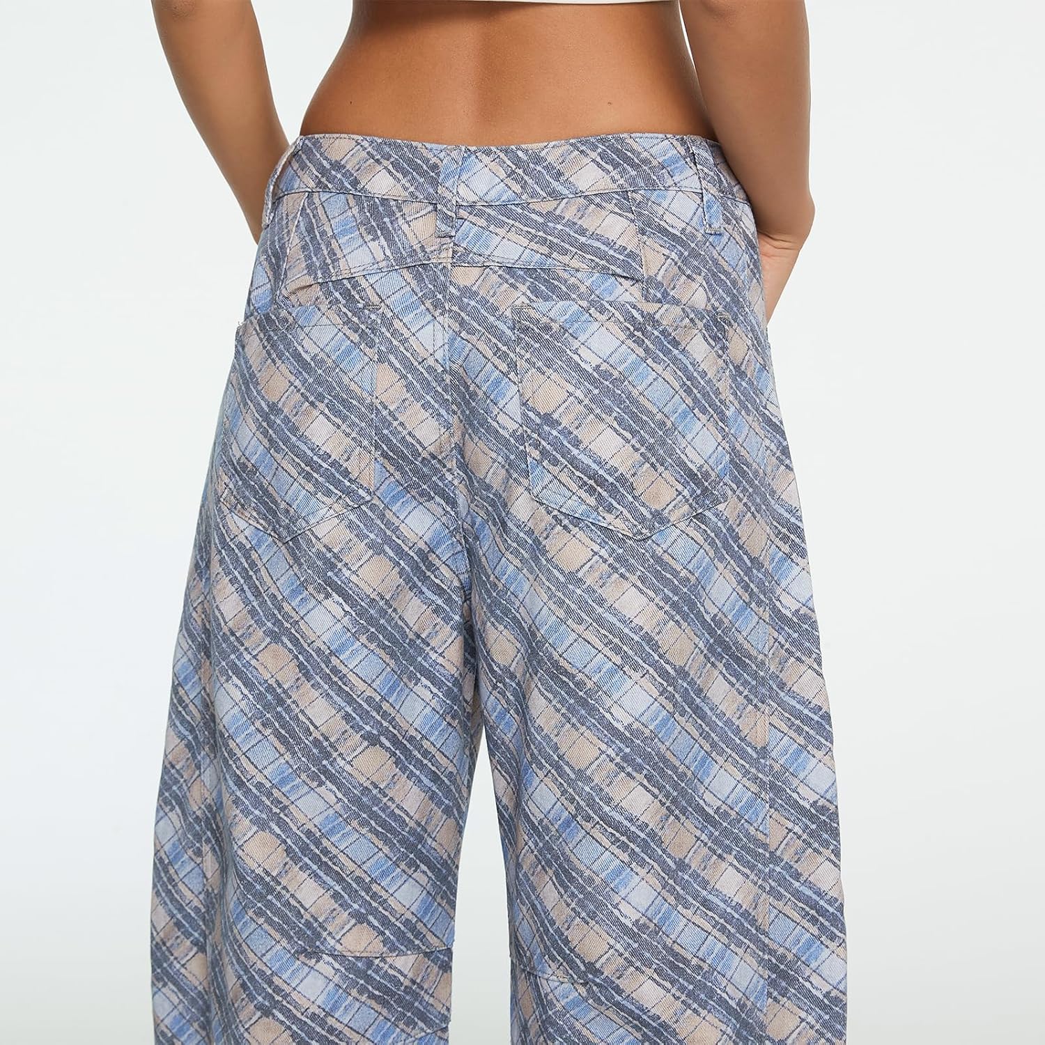 Women's Printed Barrel Jeans Wide Leg Baggy Denim Pants Mid Rise Boyfriend Plaid Pants Y2k Distressed Trousers - Image 4