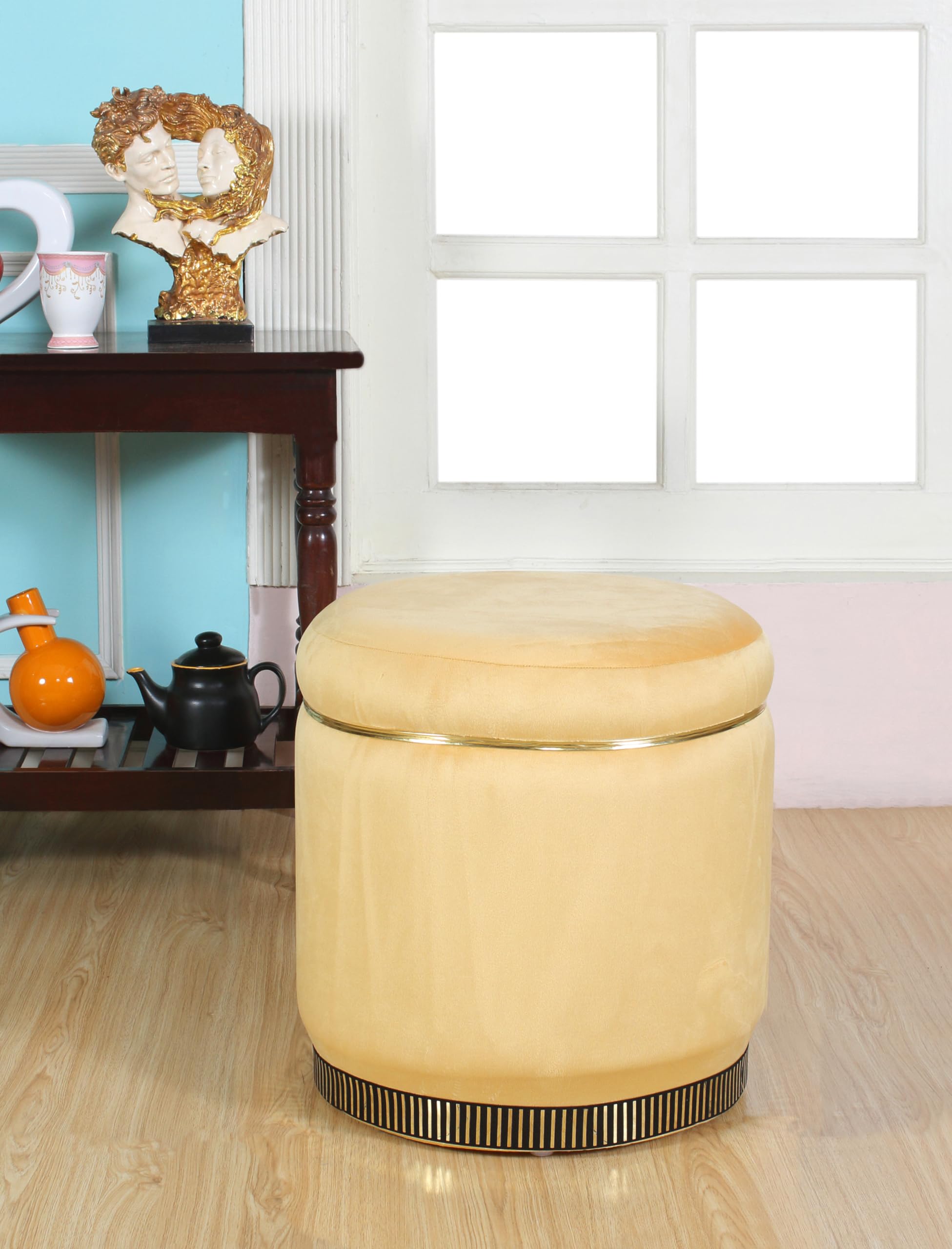 Rugsxerry Furniture Pouffes Sitting Stool for Living Room, Make up Table Mudda Puffy Wooden Ottoman Stools, Pouffe Footstool, Poof for Room Decoration & Dressing Table, 16x18 Inch, Mango Gold
