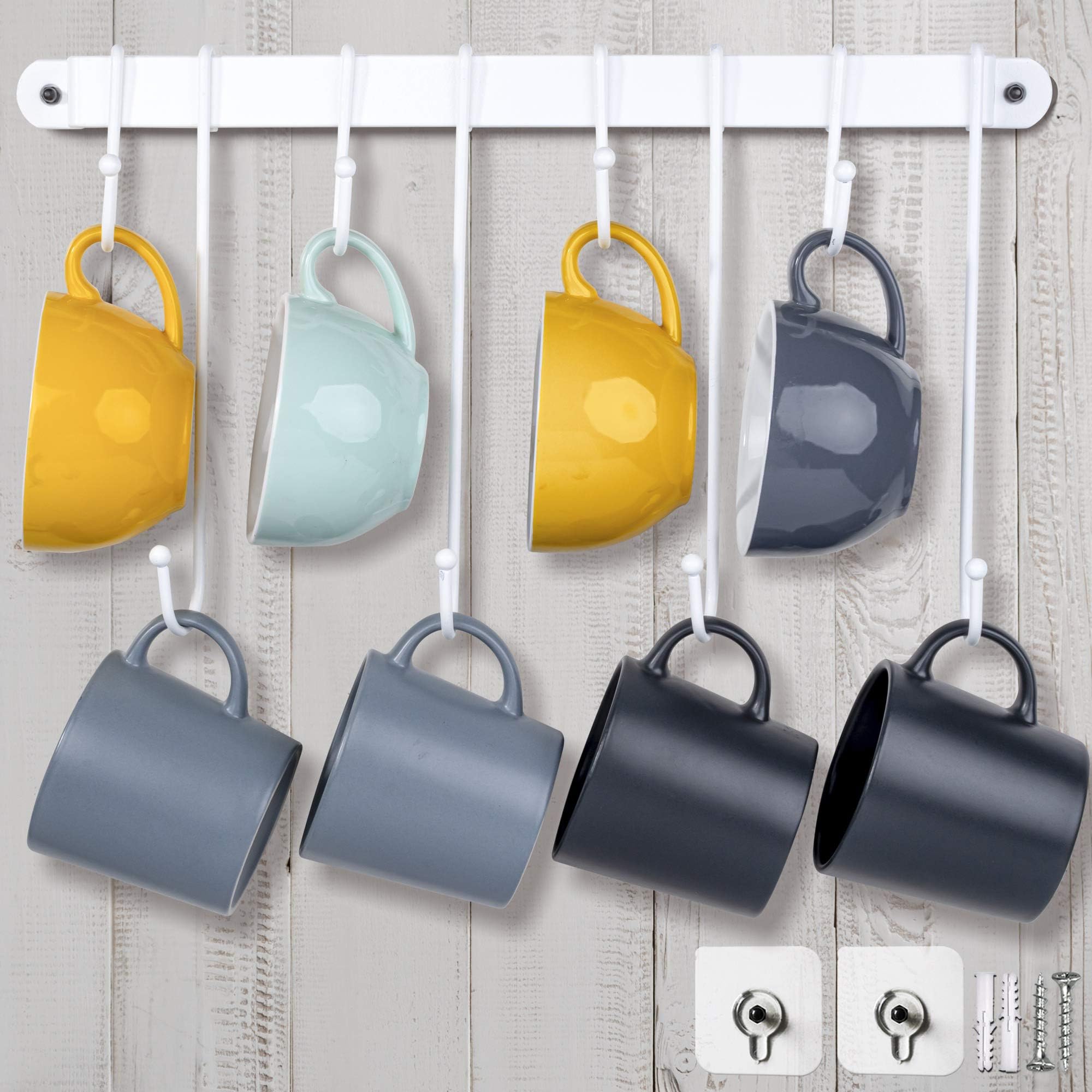 AJART Coffee Mug Rack Form Hand-Forged Cup Holder (17”/ White) Coffee Mug Hangers with 8 Hooks for Kitchen Organizer and Mug Hangers for The Wall