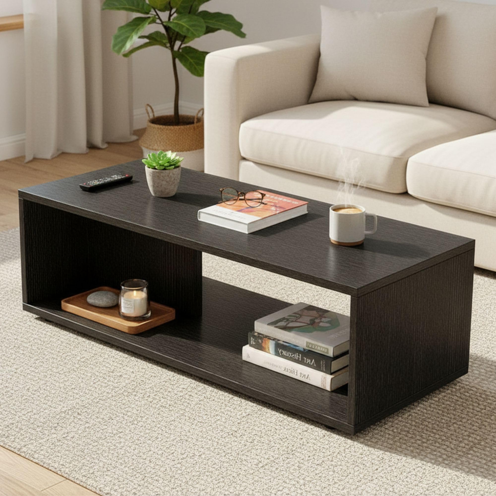 RIZIK STORE® Wooden Center Table with Open Rack Storage, Engineered Wood Coffee & Tea Table, Bedside Display Stand, DIY Assembly Furniture for Living Room & Office (90x40x40 cm) (Black-1)