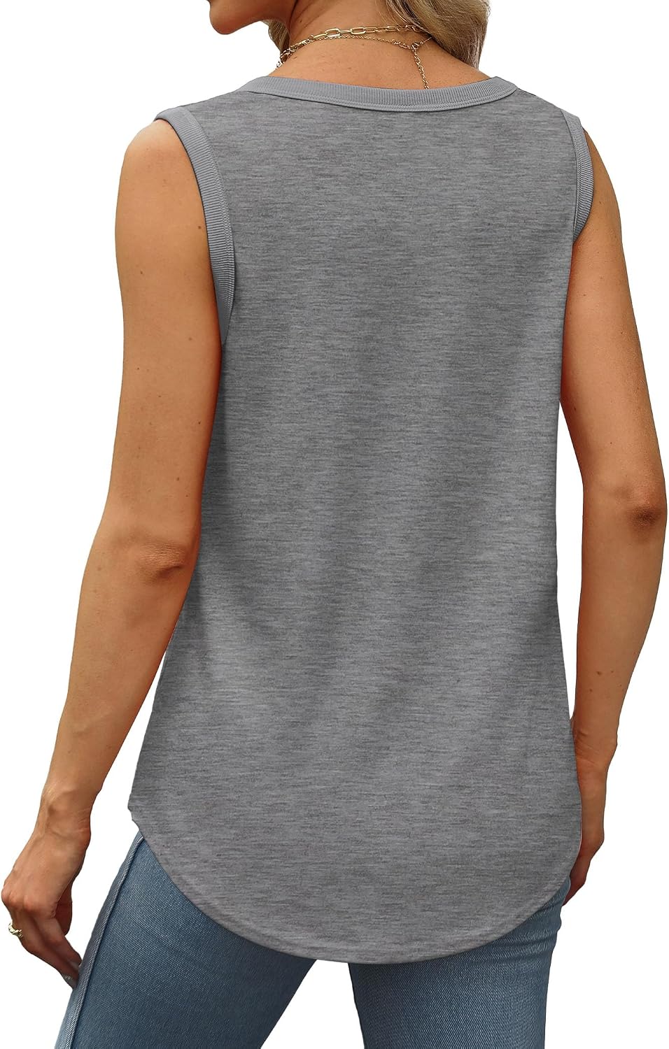 Womens Tank Tops Summer Loose Sleeveless Tops Ribbed Trim Scoop Neck Curved Hem Fashion Clothing image 5