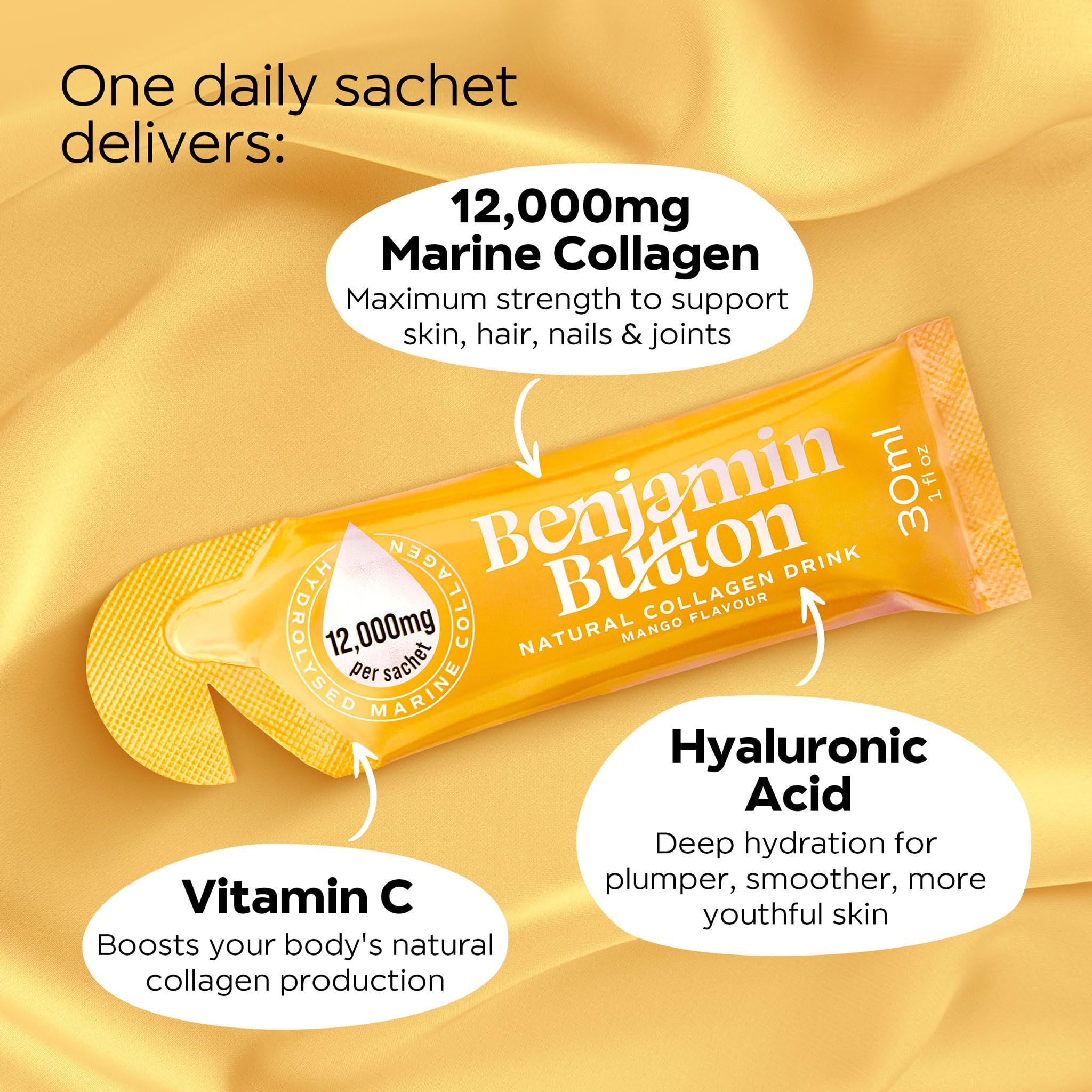 Benjamin Button 12,000mg Marine Collagen Liquid Shots| High Strength Hydrolyzed Marine Collagen Peptides w/Hyaluronic Acid & Vitamin C for Skin, Hair & Joints | Mango, 14 Daily Servings 30ml — Amazon image 2