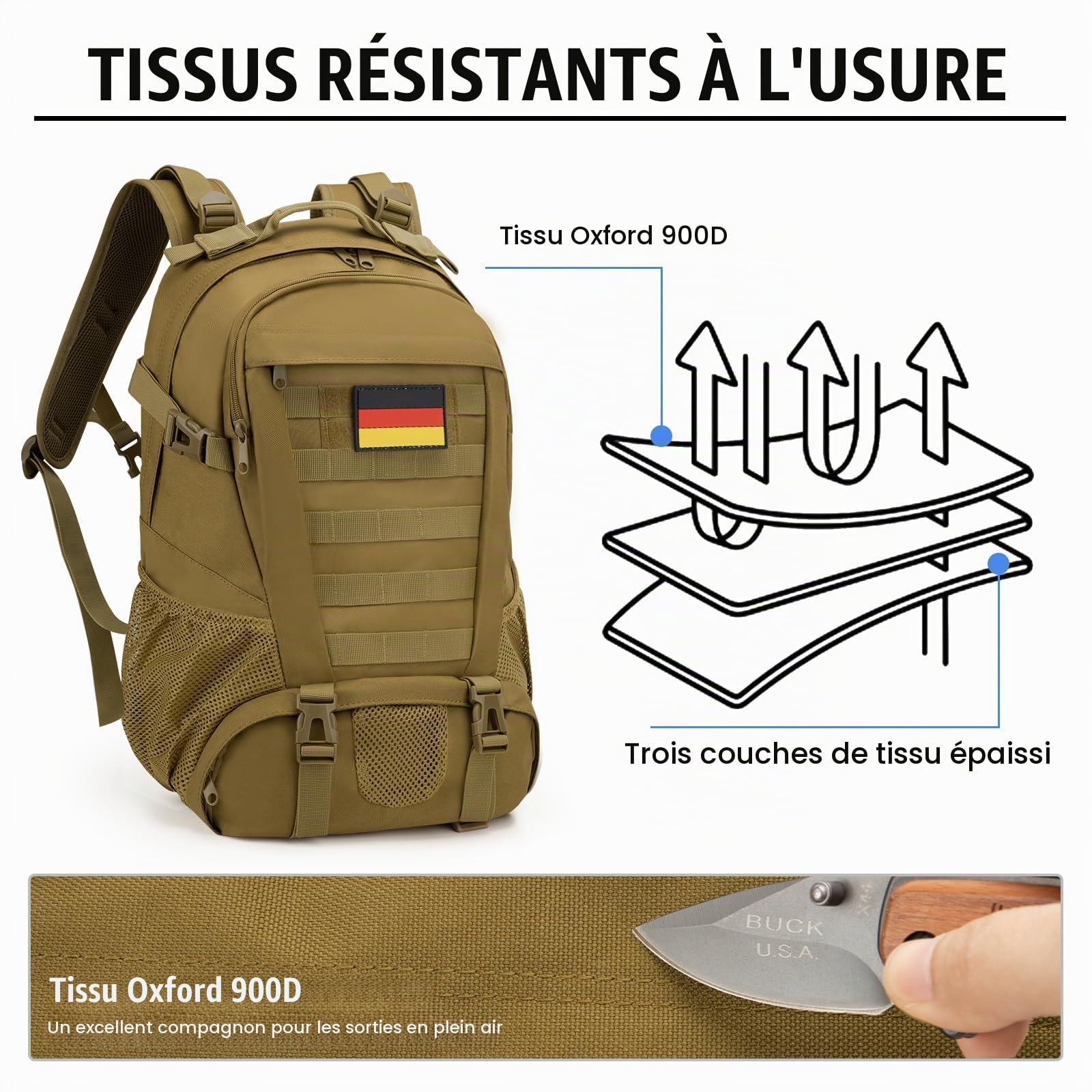 Jueachy Sac à Dos Tactique Militaire 30L Grande Capacité Sac Randonnée Daypack Sac à Dos Multifonction pour Trekking Voyage Camping Escalade Alpinisme Pêche École ou Utilisation Quotidienne