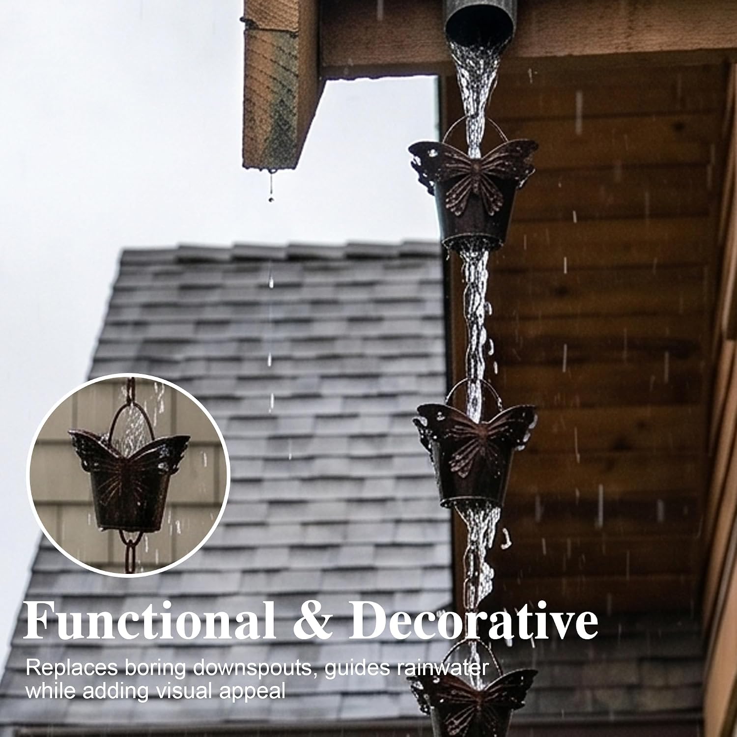 DUSVALLY Metal Butterfly Rain Chain, Functional & Decorative Replacement for Gutter Downspouts, 12 Cups, Easy Install rain Chain, for Backyard Patio Yard Cottage Garden, Adjustable Length- 8.5FT