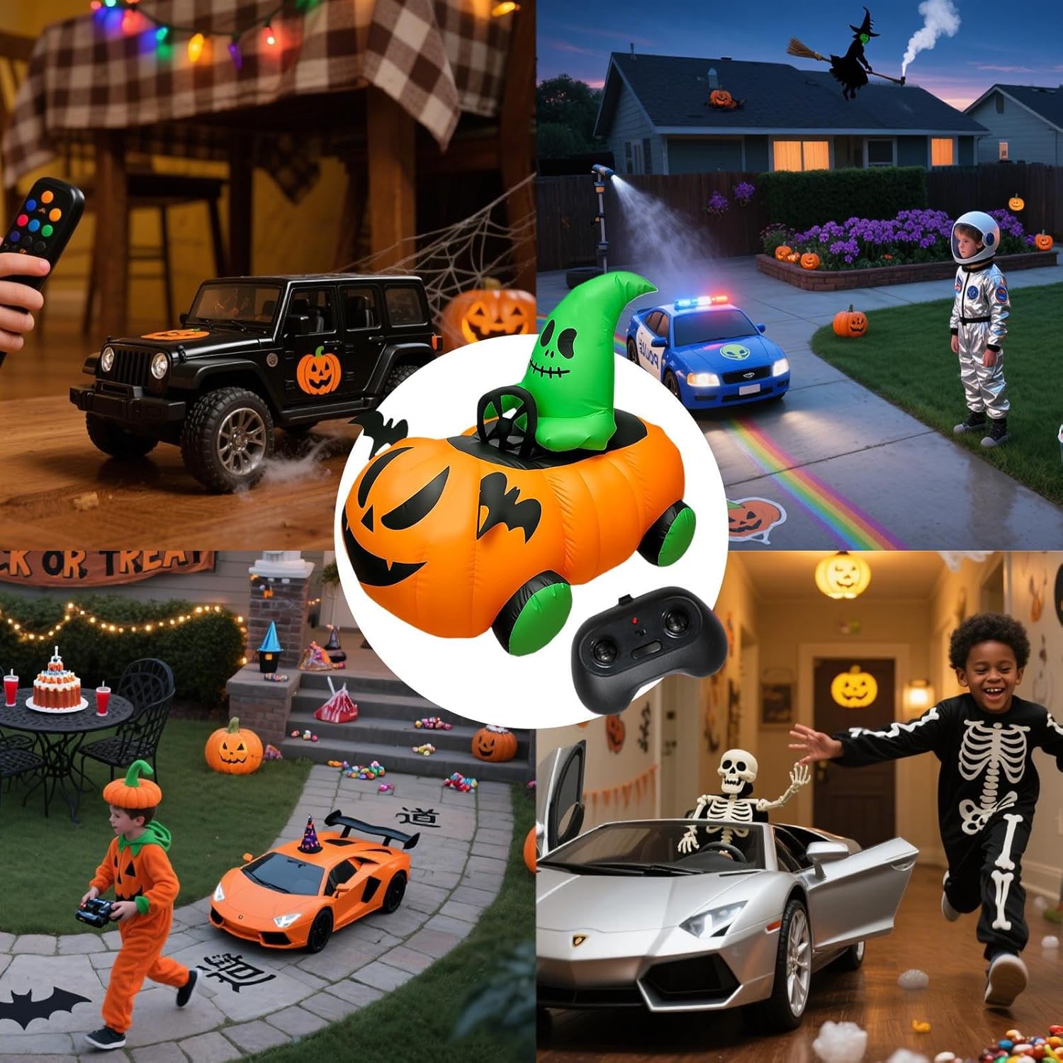 屋外用 インフレータブル 装飾品 | ハロウィン 電動 自動膨張 カボチャ カー 野外対応 - リモコン操作 おもちゃ フェアリーオ