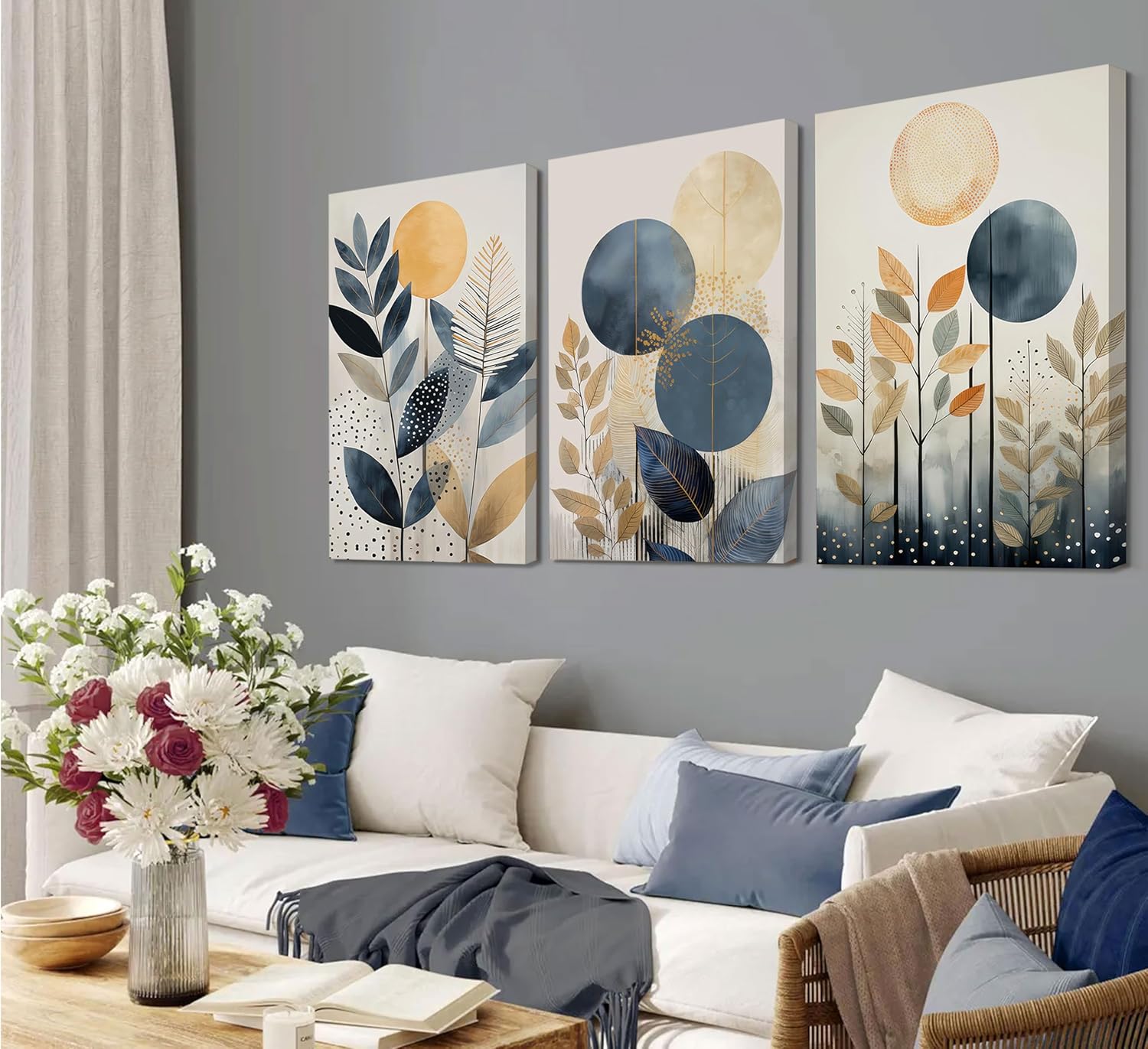 3Pcs Boho Plant Wall Art Navy Blue Bohemain Posters Botanical Abstract Canvas Prints with Leaf & Sun Blue and Gold Plant Pictures Modern Wall Decor for Bedroom Living Room 24x16in Framed