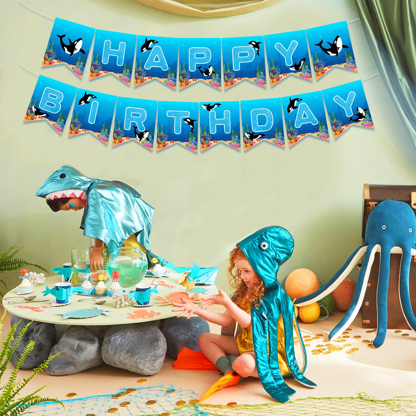 Kreatwow Orka Verjaardagsfeest Achtergrond – 1 X 1,5 M, Blauw, Met Zeedieren, Voor Onderwaterthemafeestjes