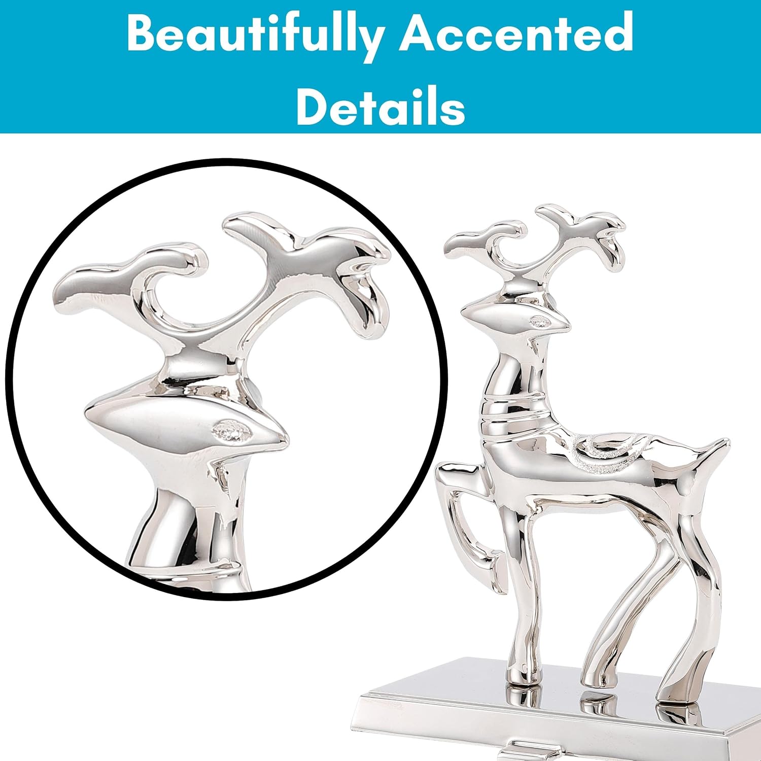 BIRDROCK HOME Reindeer Stocking Holder | Chrome Finish with Non-Scratch Base | 1.6 lbs, 7” High x 5” Wide | 3 lbs. Weight Limit | Fireplace Mantle for Christmas Stockings