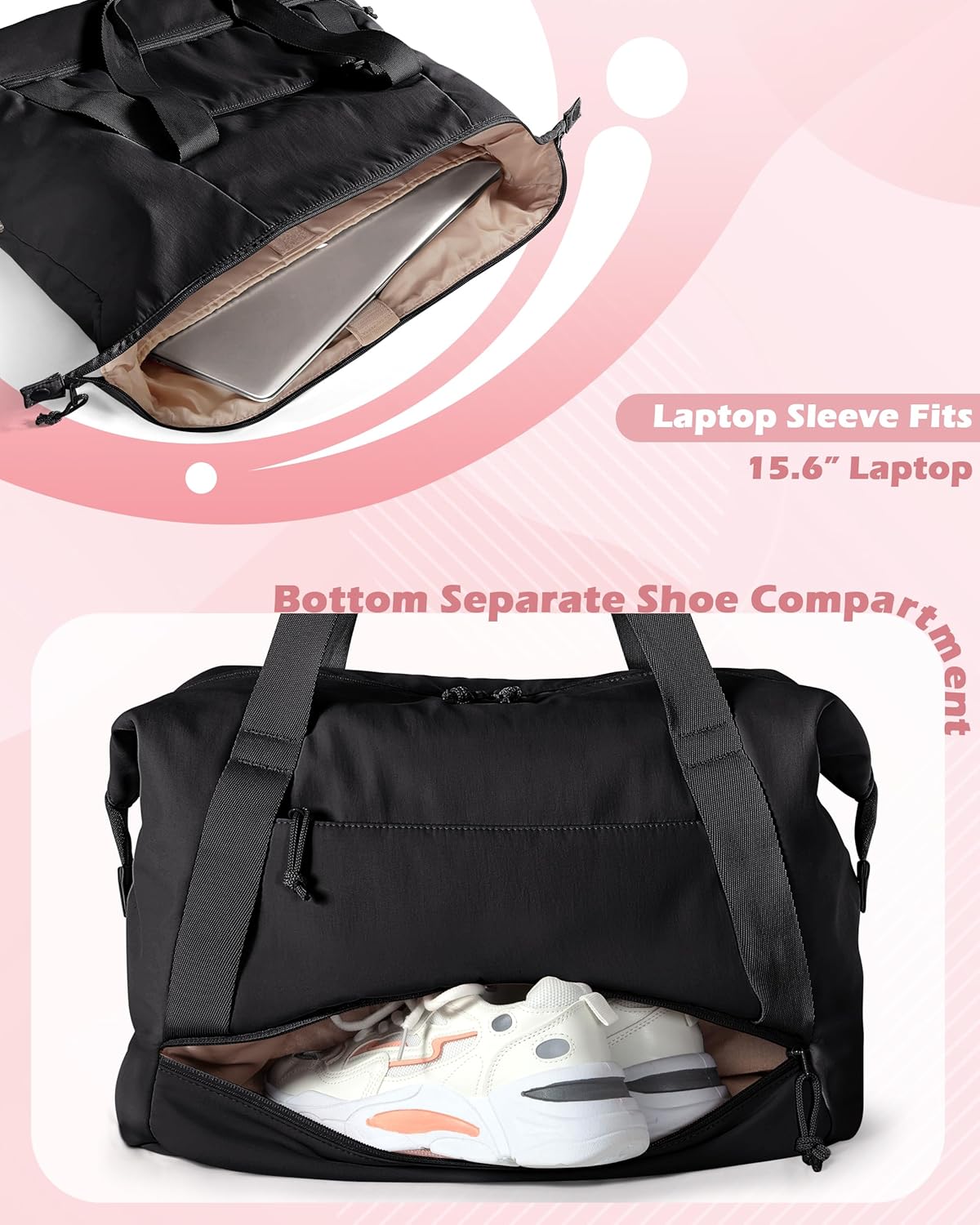 Travel Duffle Bag with Shoe Compartment and Laptop Sleeve for Women, Lightweight Weekender Duffel Bag for Travel, Gym, Hospital Labor Delivery, Black - Image 3