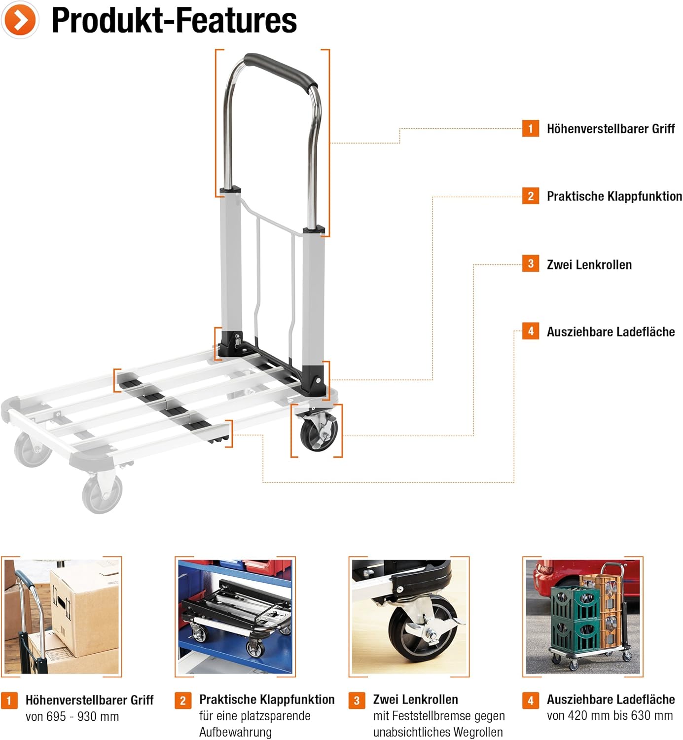 Diagram showing key features of the transport truck including adjustable handle, folding function, swivel casters with brake, and extendable loading area.