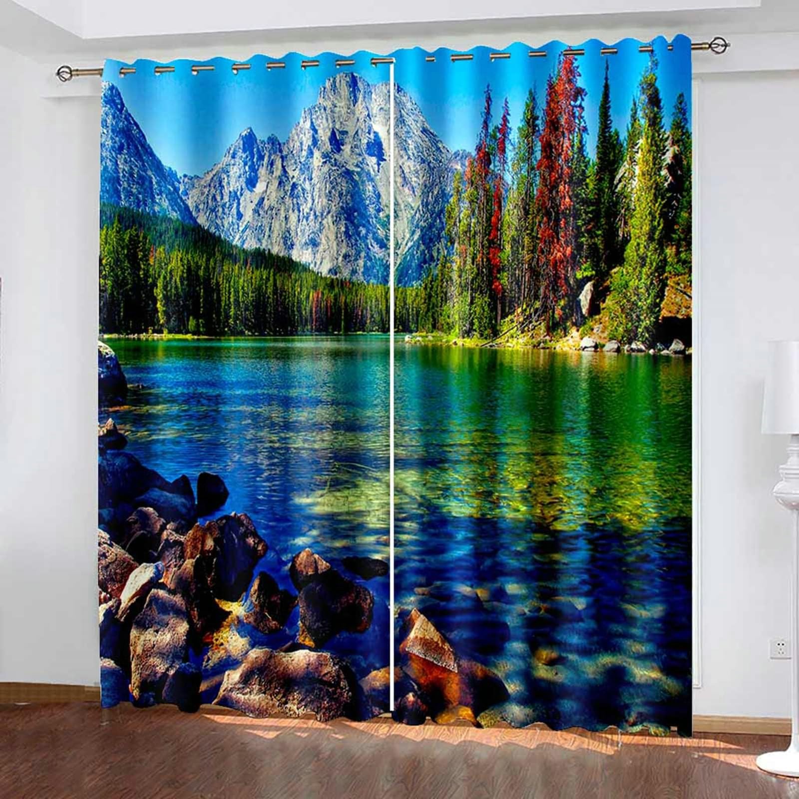 Gualiy 2er Set Vorhänge Blickdicht, Gardinen 86x183 See Natur Berglandschaft Gardinen Vorhang, Blau Grün
