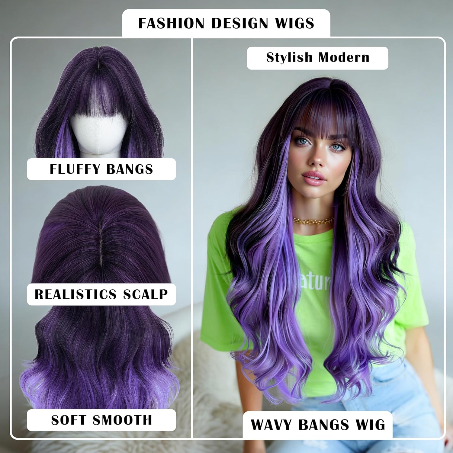 PARK YUN 28 Inch Long Wavy Synthetic Wig with Bangs Dark Purple to Lavender Ombre Wig Heat Resistant Fiber Natural Looking Wig for Women Daily Used Wearing Party