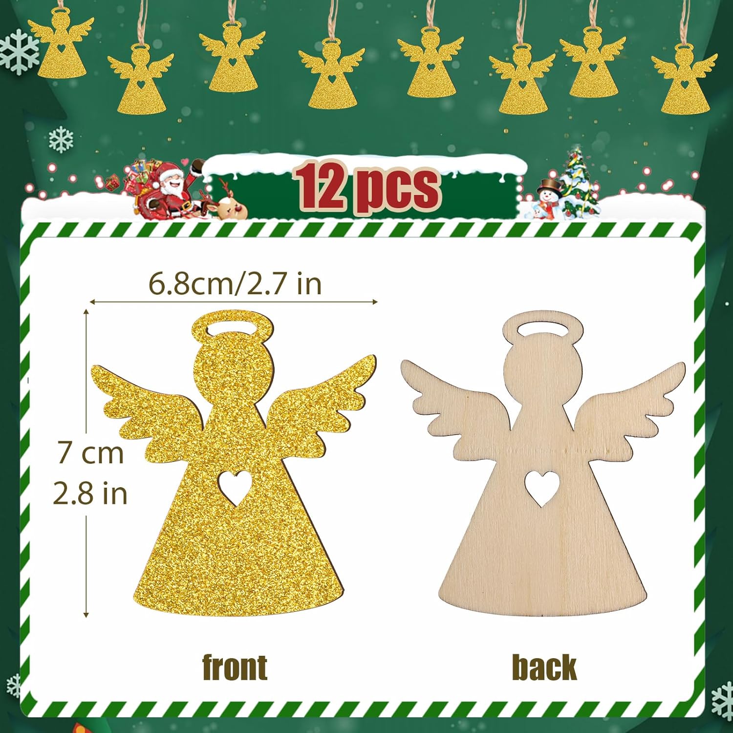 12pcs Glitter Gold Angel Ornaments for Christmas Tree Wooden Angel Tree Ornaments Christmas Decorations Bulk (Gold) - Image 2