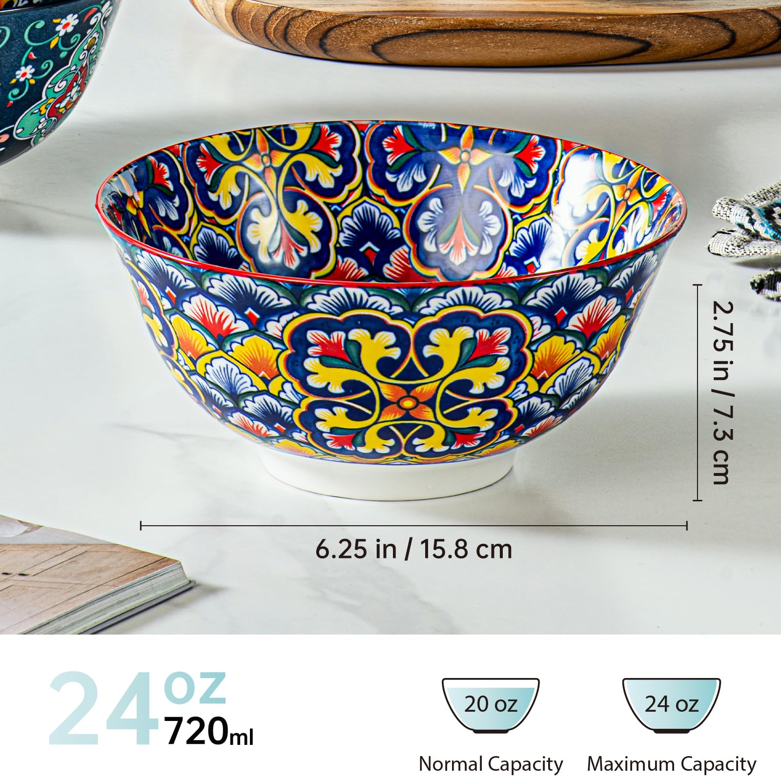 HENXFEN LEAD Ciotole per cereali in porcellana, grandi ciotole per cereali, zuppe, insalate, pasta, ecc. Colorate, confezione da 6 - Stile bohémien