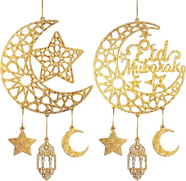 2 Pieces Eid Mubarak Door Sign Wooden Hanging Signs, Ramadan Kareem Hollow Ornament Decorations Moon and Stars, Moon Shape Ramadan Mubarak Party Wood Wall Hanger for Islamic Muslim Home Decor