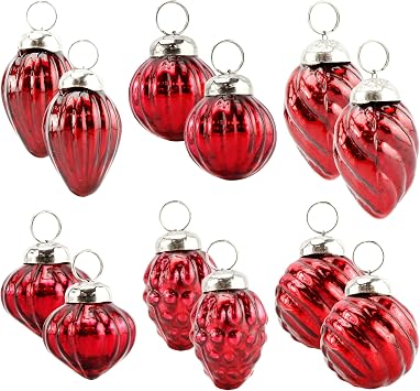 AuldHome Design Mercury Glass Finial Ornaments Set of 12, Red, Small Distressed Metal Antique Style Christmas Tree Decorations - 1.3 to 2-Inch Size