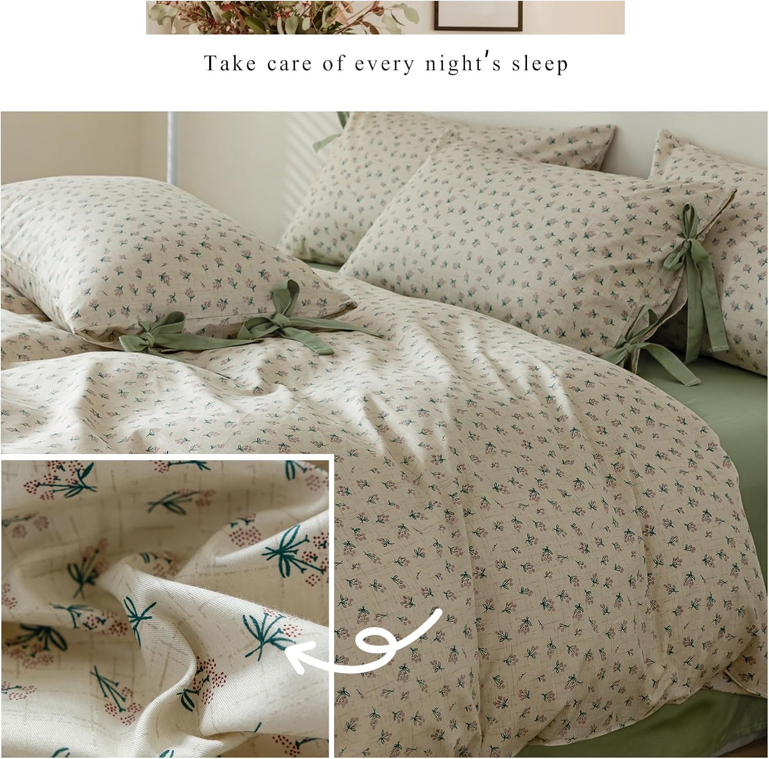 VM VOUGEMARKET Duvet Cover Set Twin 100% Cotton 3 Pcs Girls Green Floral Comforter Cover with Zipper Closure,Cottagecore Style Duvet Cover + 2 Pillowcases with Bowknot-68x86 Inch