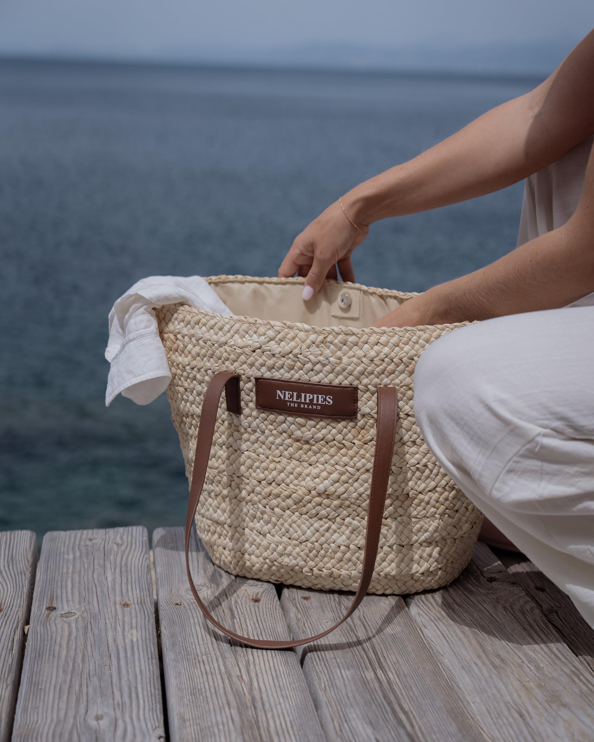 Korbtasche aus Stroh, Strandtasche mit Lederdetails, 59 x 32 cm, Handgeflochten, für Strand und Freizeit