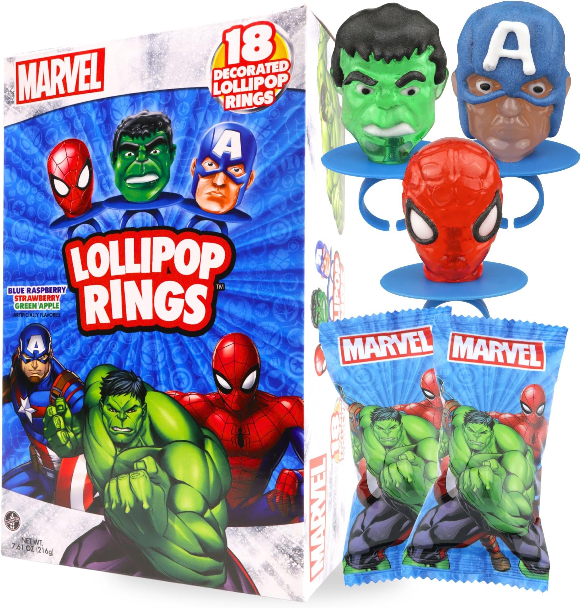 Imaginings 3 Marvel Avengers Lollipop Rings, Individually Wrapped Spiderman, Hulk, and Captain America Decorated Suckers, Birthday Party Favor Candies, 18 Count