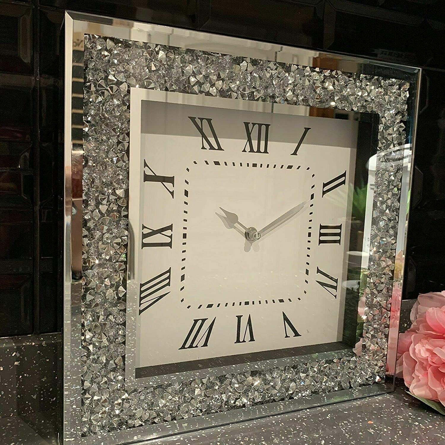 Biznest Silver Extra Large Loose Diamante Wall Clock Elegant Luxury Diamond Crystal Mirror Crushed Jewel Roman Wall Clock For Home Office Living Room Bedroom Decoration-50X50cm