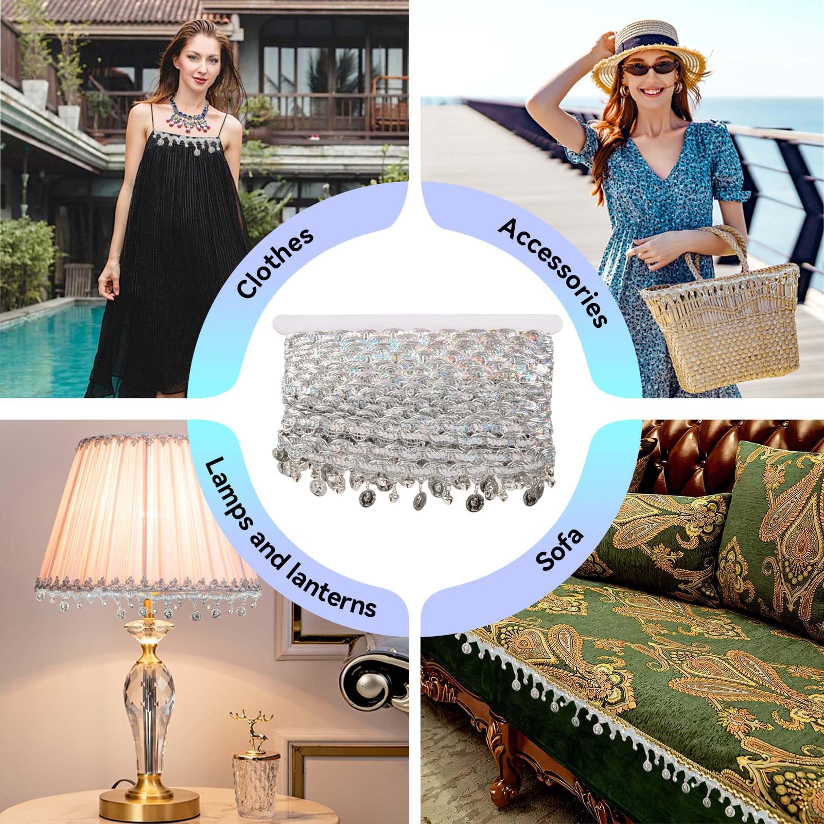 15 Yards Gold Coin Shape Sequin Tassel Trim, Women's Sequin Tassel Belly Trim Coins Belly Dance Hip Scarf Belt Dance Sequins Tassel Fringe National Dance Costume Accessory (Silver)