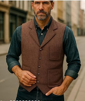 Tuikayoo Mens Retro Suit Vest Tweed Wool Regular Fit Dress Waistcoat Herringbone for Jacket