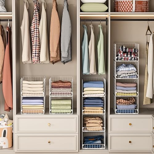 Miniatura 9 de Organizadores apilables de armario y almacenamiento  Contenedores de almacenamiento apilables de 4 niveles, cesta organizadora de estantes plegables